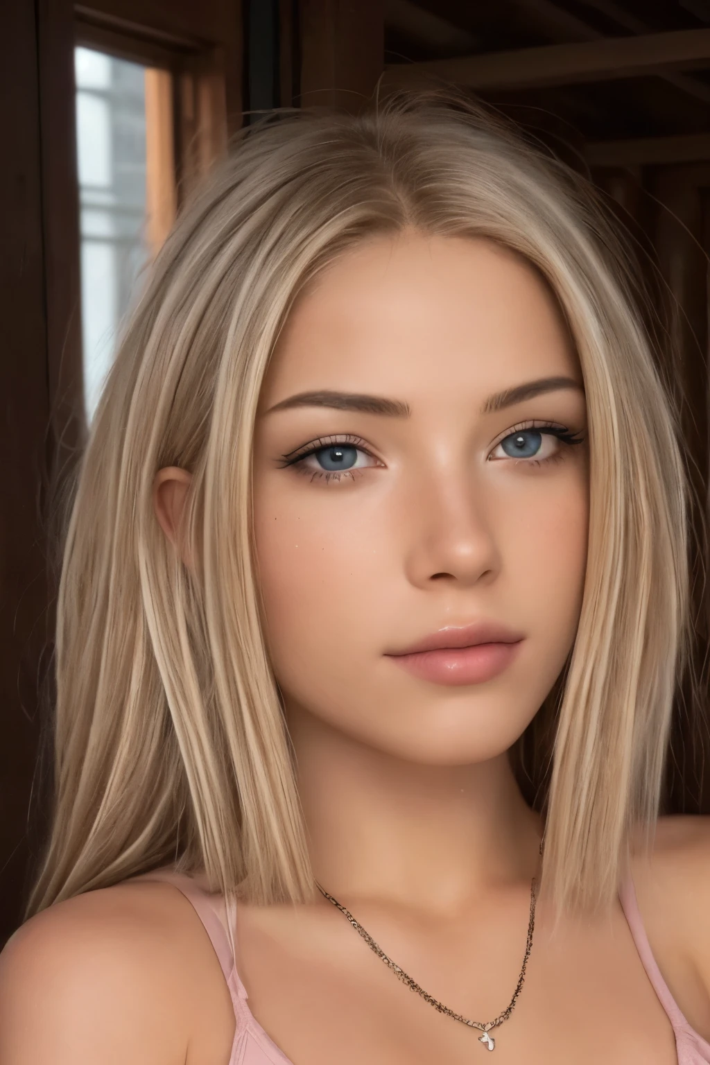 4K, 8k, Ultra-high resolution, HDR RAW photos, Sharp focus, intricate texture, Skin imperfections, Realistic, Detailed facial features, Highly detailed face, Pause, Sitting,Perfect lighting,Blonde, Extreme Close-up, Doll Blush 1, 