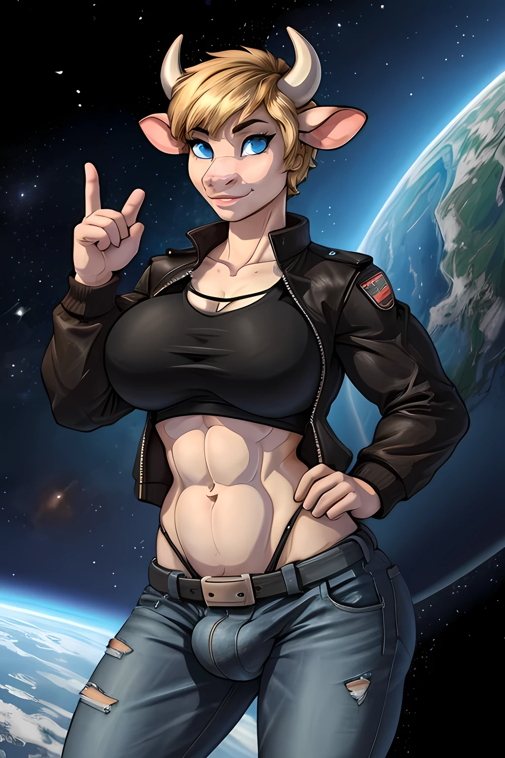 (Female anthro cow), Tomboy, pretty face, human nose, space station background, thin body, slim, fit, cow horns, dark blonde hair, tomboy pixie cut, blue eyes, huge breasts, adjatha, utility belt, cropped jacket, black tanktop, jean pants, SFW, buff, muscled, bodybuilder, big bulge in pants, thong straps coming out of pants, #petite, vitiligo
