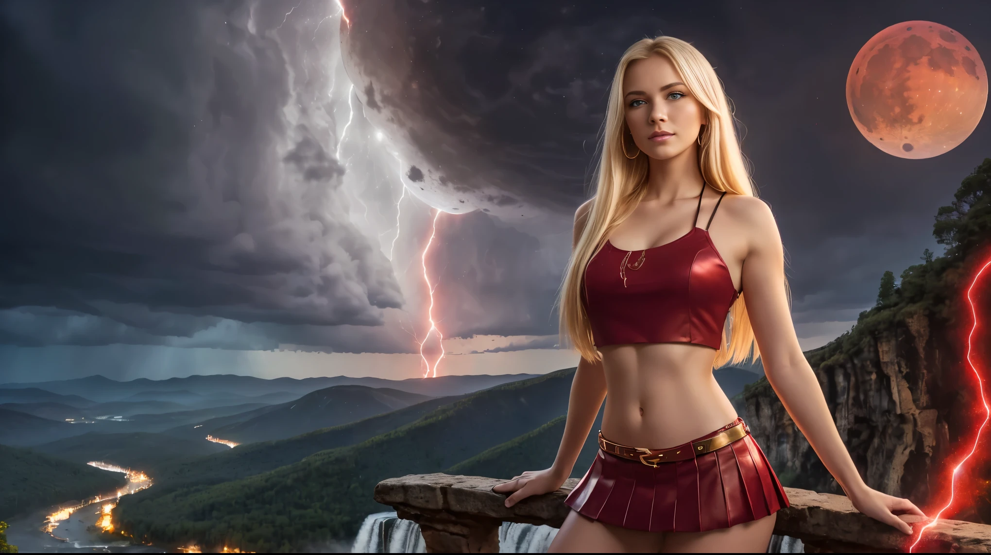 (Very realistic image), Centerpiece, masterpiece, (Ultra detailed), (High quality), (4k), complex, expert, Center, (volumetric lighting), beautiful, masterpiece, (ultra detailed girl), (ultra detailed landscape), (landscape sharp), (sharp image). (1 pretty girl alone), (1 sublime Russian girl aged 30), (Russian girl), (straight blond hair:1.5), (blue eyes:1.3), innocent face, (seductive smile:1.2), (large gold hoop earrings) , (pretty breasts), (plunge neckline), (red mini skirt:1.5), (black crop top:1.5), (gold jewelry). (on top of a mountain overlooking a magnificent landscape of waterfalls and lush forest at the bottom of a canyon:1.3), (storm and red lightning:1.6), (dark night:1.5), (darkness:1.5), (blood red moon:1.5), (low lighting). (sensual dynamic pose), (perfect body), (perfect anatomy), (perfect hand), (looks at camera:1.3), (cowboy shot), (upper half of the body view)