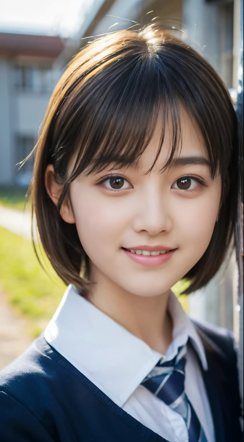 (highest quality,8K quality,masterpiece:1.3),(Ultra-high resolution,Photorealistic:1.4,RAW Photos),(Very detailed,Caustics,Detailed Background),(Ultra-Realistic Capture,Beautiful and detailed skin,Perfect Anatomy),At dusk,Sunset sky,School building,Schoolyard,18-year-old,cute,single eyelid,Black short bob,School Blazer Uniform,Looking at the camera,Laughter,Bust up shot,Natural soft light