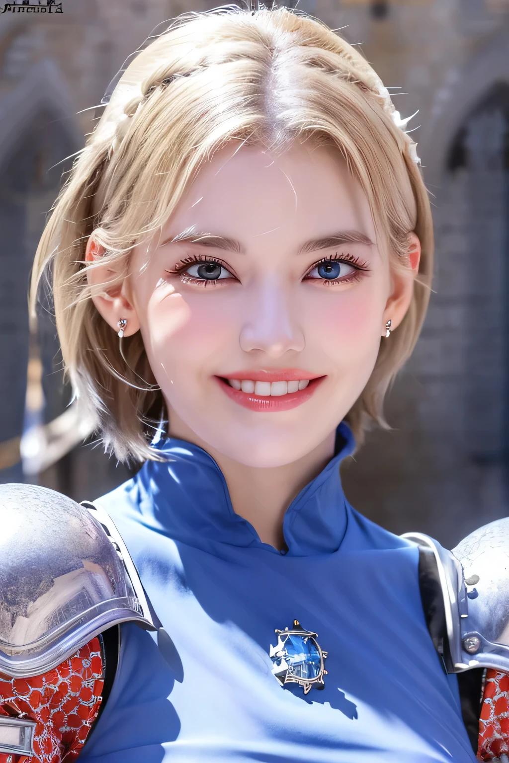 ８Ｋ、highest quality、female knight、Luxurious Silver Armor、、hairstyle short cut、smile、beautiful teeth、full body photo、ear piercing、blonde、white woman、blue eyes、heavy makeup、The background is inside the castle

