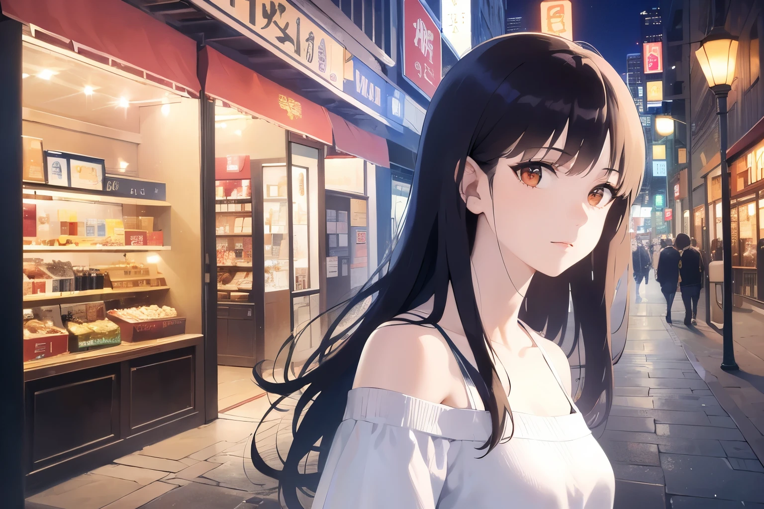 side angle, Upper Body, Realistic, real person, (pale skin: 1.2), RAW photo, photorealistic, portrait photography, shiny skin, shiny hair、(A 25-year-old woman with medium-length hair and bangs) and (wavy hair) and (brown hair) and (orange eyes) , (white:1.5) and (Off-the-shoulder blouse)、sad, The background is a shopping street at night、Alone、Are standing
