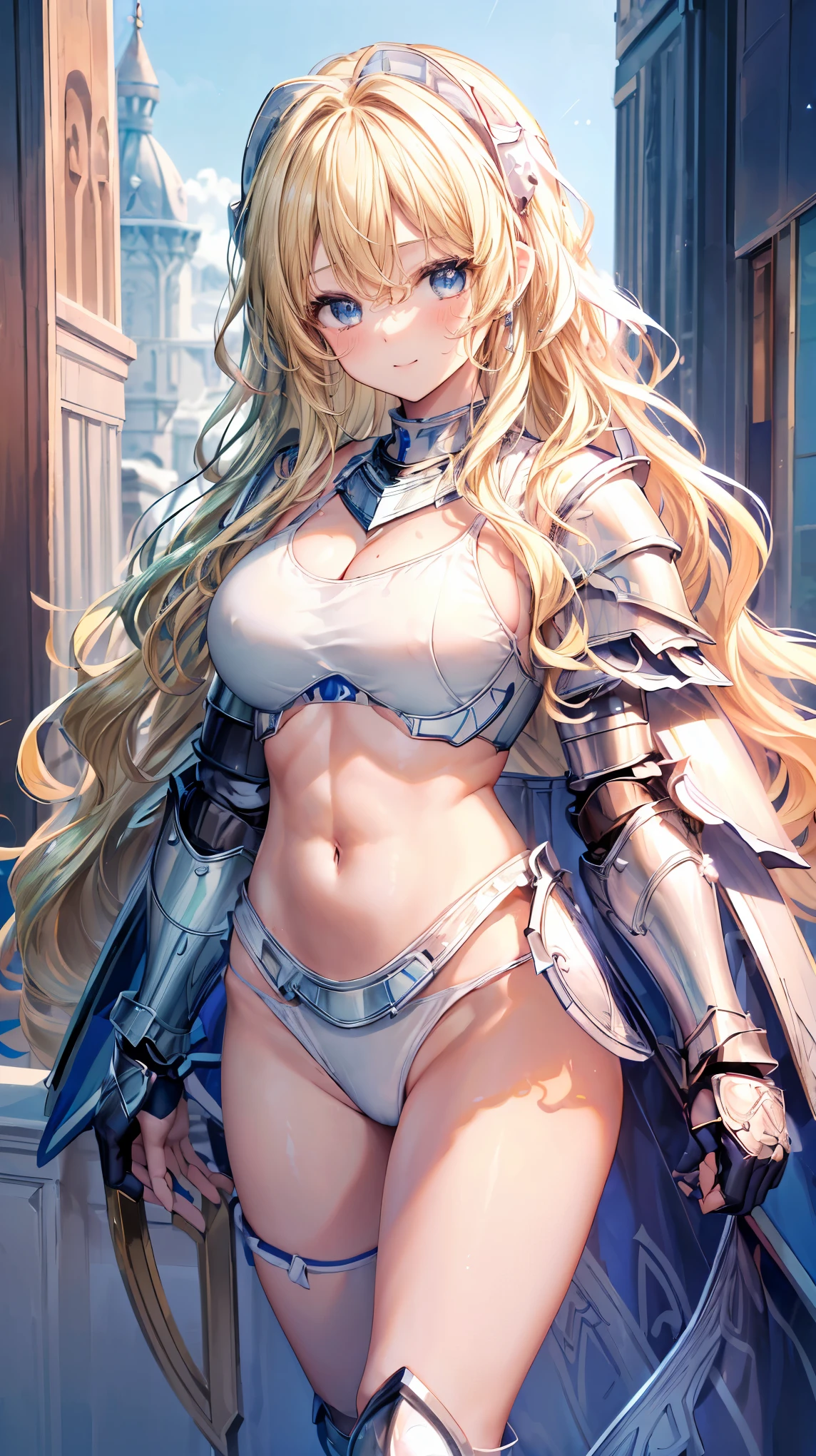 Very detailed、highest quality、Best image quality、masterpiece、8k、Anime Face、A kind smile、Open your mouth、Sparkling blue eyes、(Blonde wavy hair:1.5)、、Muscles of the whole body、camisole、Thigh belt、mini skirt、(Wearing white bikini armor:1.5)、(Cowboy Shot:1.5)、(Leg armor:1.5)、Armor