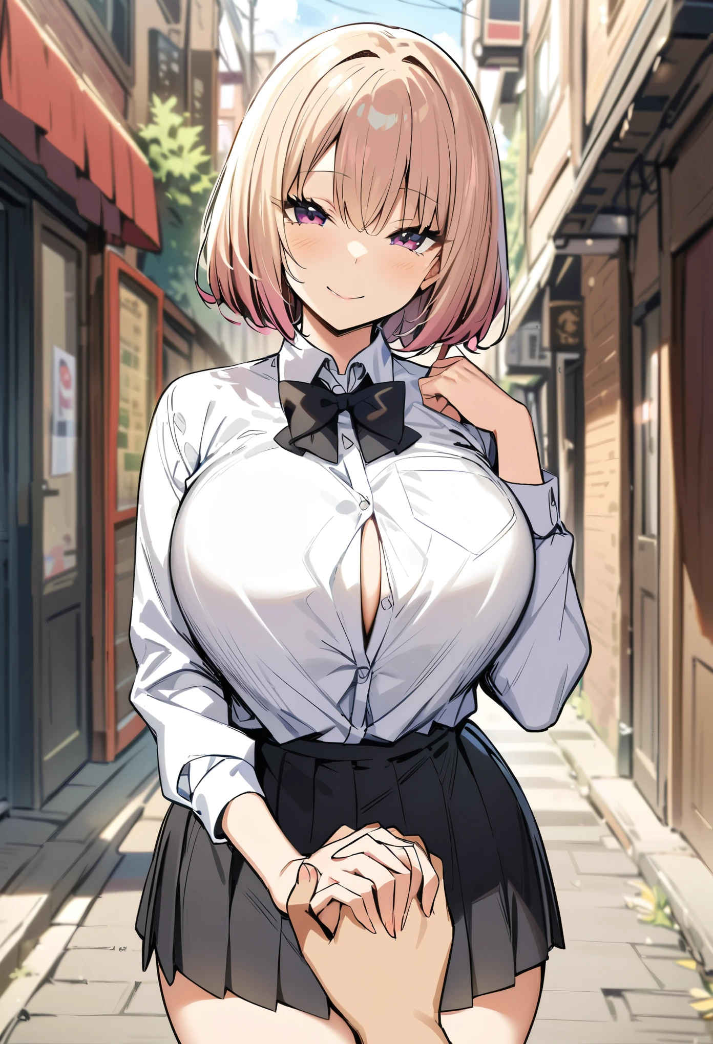 masterpiece, best quality, highres, JK,huge tit,1girl,pov, holding pov_hand,interlocked fingers, black bow,black bowtie,breasts,hair bun,long hair,looking at viewer,pleated skirt,shirt tucked in,short hair,skirt,smile,tented shirt,in street