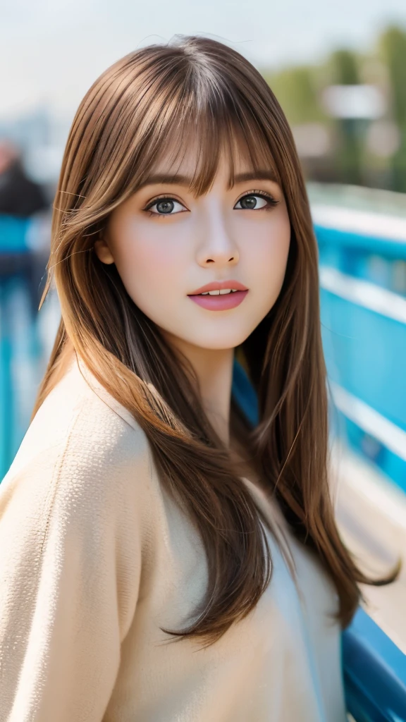 Best quality, 8k, ,Masterpiece :1.3)), facing viewer,((full body1.2)) ,pretty woman, wide shot ,1girl, , selfie , , ride on a Observation wheel, brown hair , bangs,ultra-detailed face, highly detailed lips, detailed eyes, double eyelid