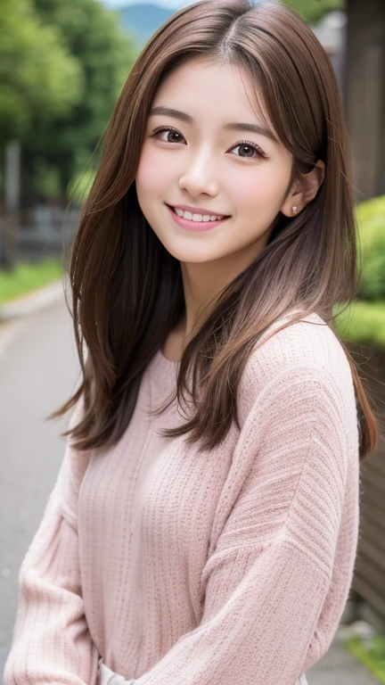 Brown Hair,Medium Hair,20-year-old female, Small nose, With the correct face, Cute natural smile, Japanese facial features, A clean and cute face, Cute realistic portrait, Asian Face, 8K Photo, Soft Makeup,Natural skin texture,Raw photo,highest quality,Full Body Shot,Pink clothes,Fuji Mountain