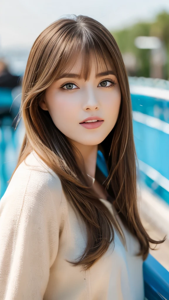 Best quality, 8k, ,Masterpiece :1.3)), facing viewer,((full body1.2)) ,pretty woman, wide shot ,1girl, , selfie , , ride on a Observation wheel, brown hair , bangs,ultra-detailed face, highly detailed lips, detailed eyes, double eyelid