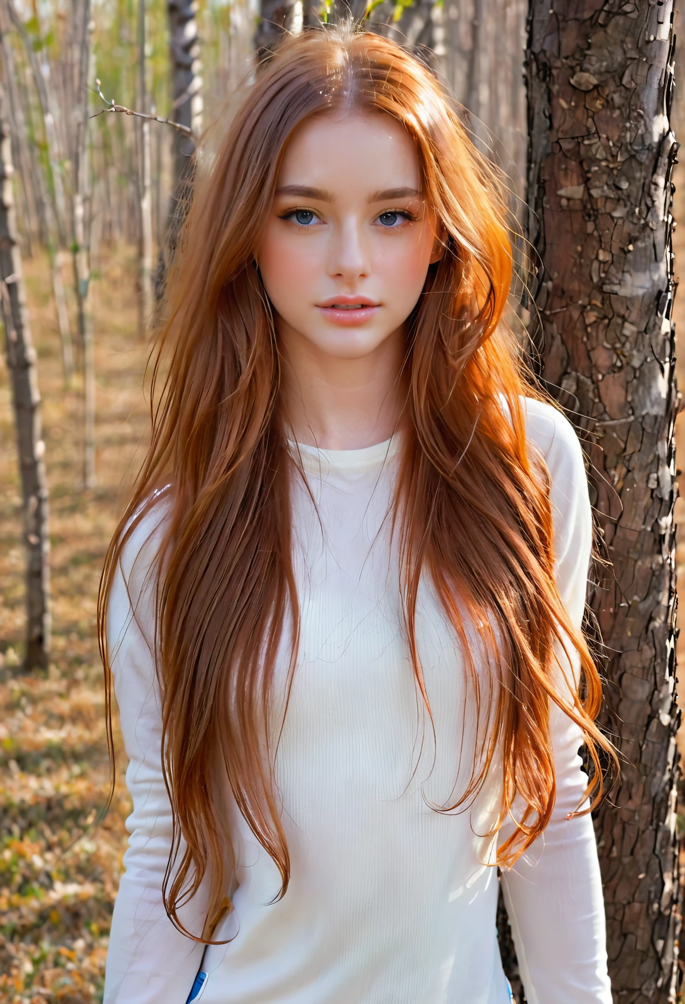 solo, very detailed, detailed face, very long hair, picture of a beautiful young woman, dasha_taran, sfw, ((natural orange hair)), beautiful natural blue eyes, High Definition RAW Photography, 16k photography, (full body), standing, delicate facial features, pretty face, detailed full body, visible from head to toe, zoomed out full body photography, detailed natural background, perfect body, athletic body