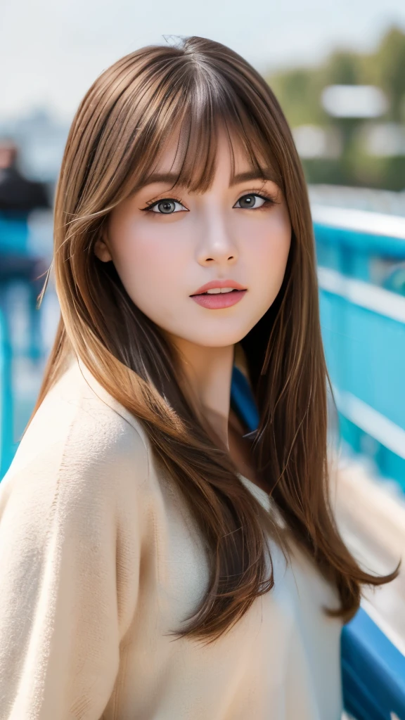 Best quality, 8k,  ,Masterpiece :1.3)), facing viewer,((full body1.2)) ,pretty woman, wide shot ,1girl, , selfie   , , ride on a Observation wheel, brown hair  , bangs,ultra-detailed face, highly detailed lips, detailed eyes, double eyelid