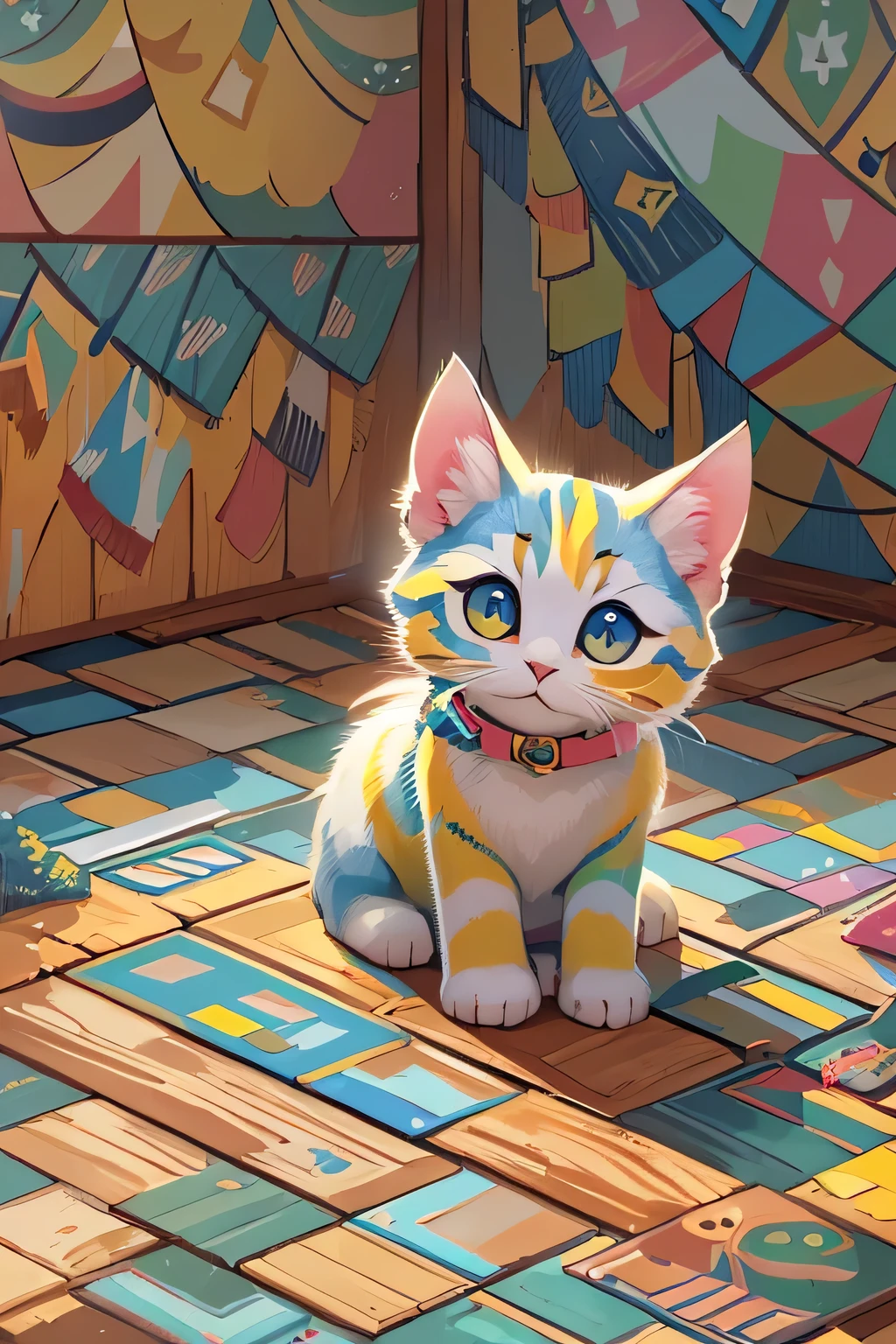 A painting of a kitten sitting on a colorful floor with a colorful background, Adorable digital painting, Cute cat drawing, Cute and detailed digital art, Isometric 3D Fantasy Cute Cat, Digital cartoon painting art, Highly detailed digital painting, Cute digital art, In the style of digital illustration, Highly detailed digital painting, Cute and detailed artwork, style in digital painting, Cartoon digital painting