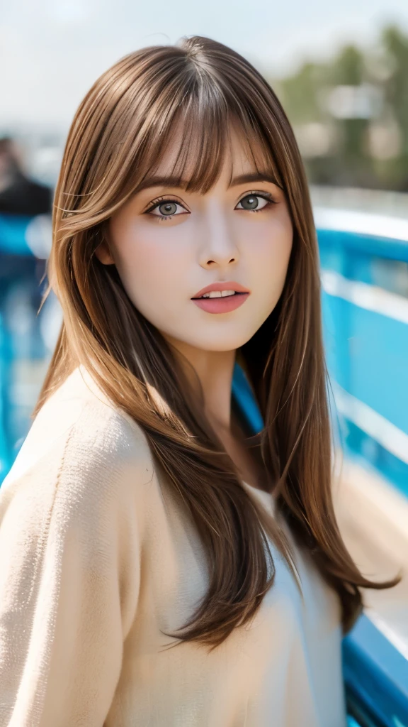 Best quality, 8k,  ,Masterpiece :1.3)), facing viewer,((full body1.2)) ,pretty woman, wide shot ,1girl, , selfie   , , ride on a Observation wheel, brown hair  , bangs,ultra-detailed face, highly detailed lips, detailed eyes, double eyelid