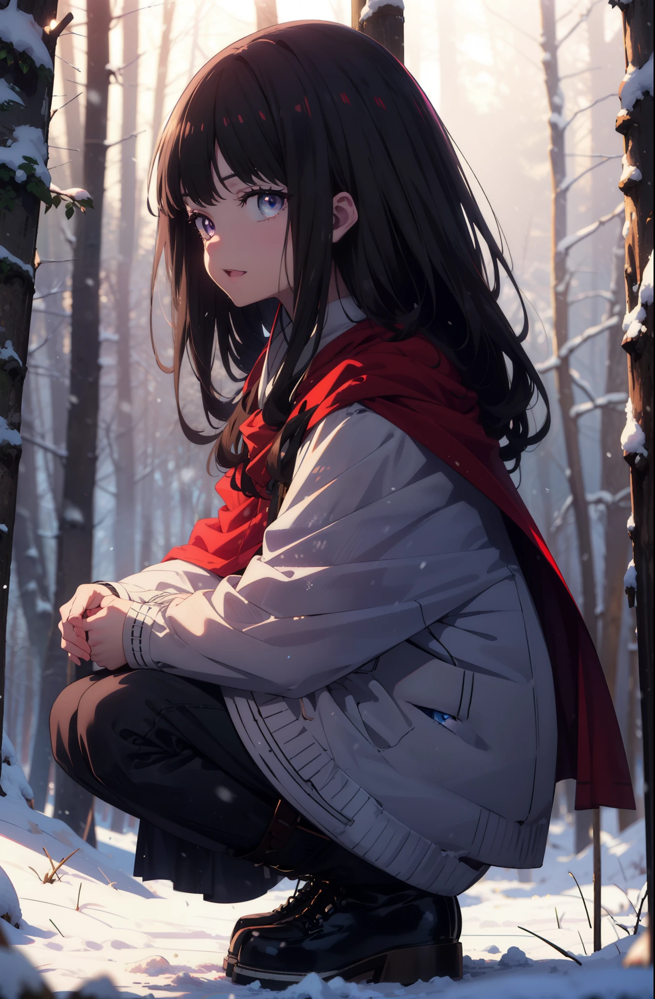 Takiuchi, Inoue Check, Long Hair, bangs, Black Hair, (Purple eyes:1.2),smile,
Open your mouth,snow, fire, Outdoor, boots, snowing, From the side, wood, suitcase, Cape, Blurred, forest,  nature, Squat,  Cape, winter, Written boundary depth, Black shoes, red Cape break looking at viewer, Upper Body, whole body, break Outdoor, forest, nature, break (masterpiece:1.2), highest quality, High resolution, unity 8k wallpaper, (shape:0.8), (Beautiful and beautiful eyes:1.6), Highly detailed face, Perfect lighting, Highly detailed CG, (Perfect hands, Perfect Anatomy),
