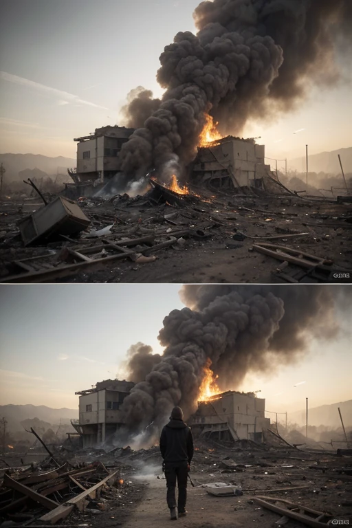 the dark, apocalyptic mental image can be disturbing, a desolate scene, with dark gray sky, nuvens negras e raio cortando o horizonte. Ruas vazias e desertas, crumbling buildings and fires burning out of control. Pessoas desesperadas, algumas correndo sem rumo, with no hope of survival in the face of the imminent catastrophe. The air is heavy with the smell of smoke and despair, enquanto a inevitabilidade do fim paira sobre todos, the world destroyed and falling apart with an air of sadness, people crying in despair destroyed houses and trees 