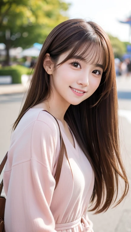 Brown Hair,Medium Hair,20-year-old female, Small nose, With the correct face, Cute natural smile, Japanese facial features, A clean and cute face, Cute realistic portrait, Asian Face, 8K Photo, Soft Makeup,Natural skin texture,Raw photo,highest quality,Full Body Shot,Pink clothes,Theme park