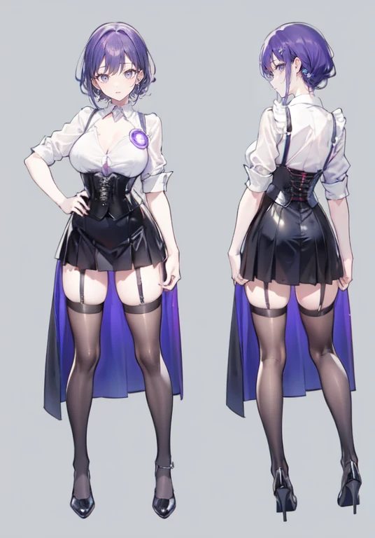 Purple Hair,Shortcuts,Adult female,(((Bartender))),((Body Harness)),((Rolling up your sleevesＹshirt)),(Corset),(Tight Skirt),((Garter Belt)),High Heels,((Simple Background)),Smile,((Full Body)),((whole body)),Character Sheet,