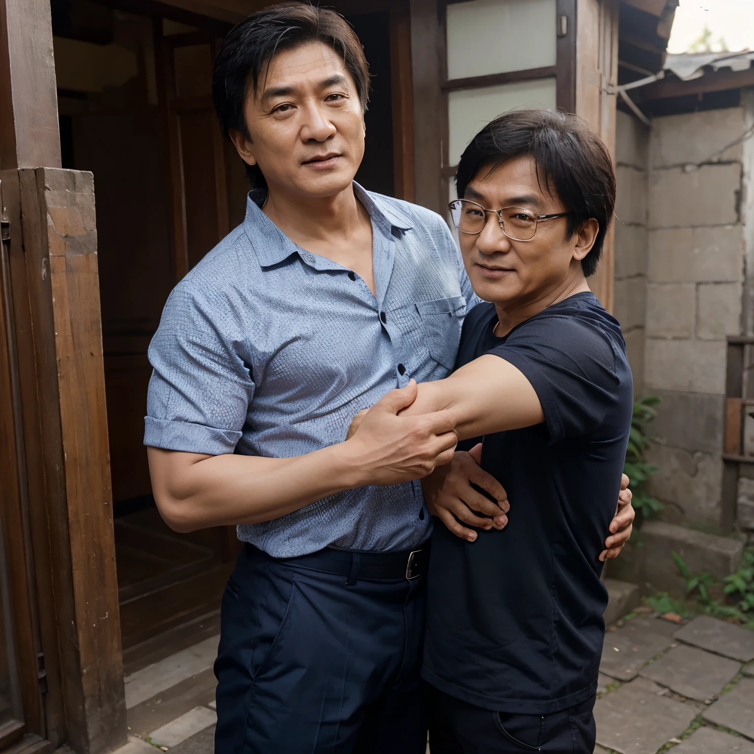 Seorang pria tampan asia sedang berfoto bersama bintang film jackie chan