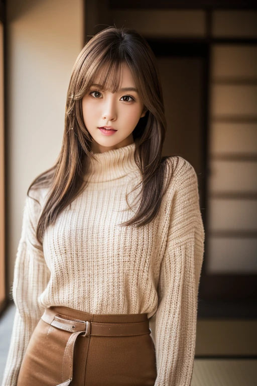 Masterpiece, top-quality, high resolution, Photorealsitic, sharp, Raw photography, 8K wallpaper, flawless, Professional lighting, highly detailed, depth of fields, Pale solid color background, ((one beautiful women, Skinny Japanese mature)), (20 years old), Sexy, Detailed face, beautidful eyes, bangs, small breasts, very thin waist, Light Brown Straight Hair, Faint lips, ((standing at front, Staring at the viewer, serious face eyes.)), Sweaters, skirt, (full-body photo), cowboy shot