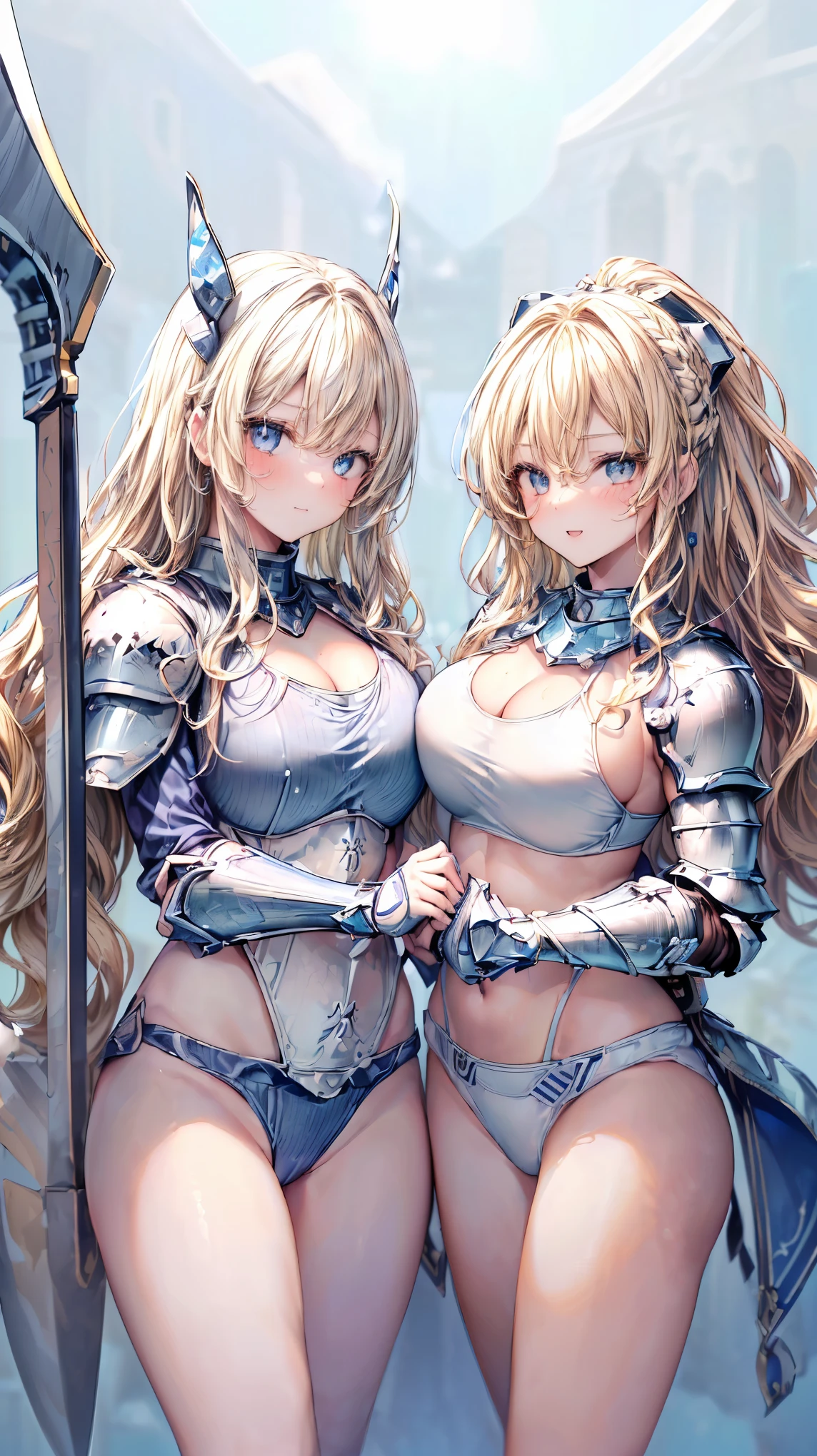 Very detailed、highest quality、(Best image quality:1.5)、(masterpiece:1.5)、8k、(Two women side by side:1.5)、Anime Face、A kind smile、Open Mouth、Sparkling blue eyes、(Blonde wavy hair:1.5)、(Muscles of the whole body:1.3)、camisole、Thigh belt、(Wearing white bikini armor:1.5)、(Cowboy Shot:1.6)、Wearing a helmet、(Holding a battle axe:1.5)