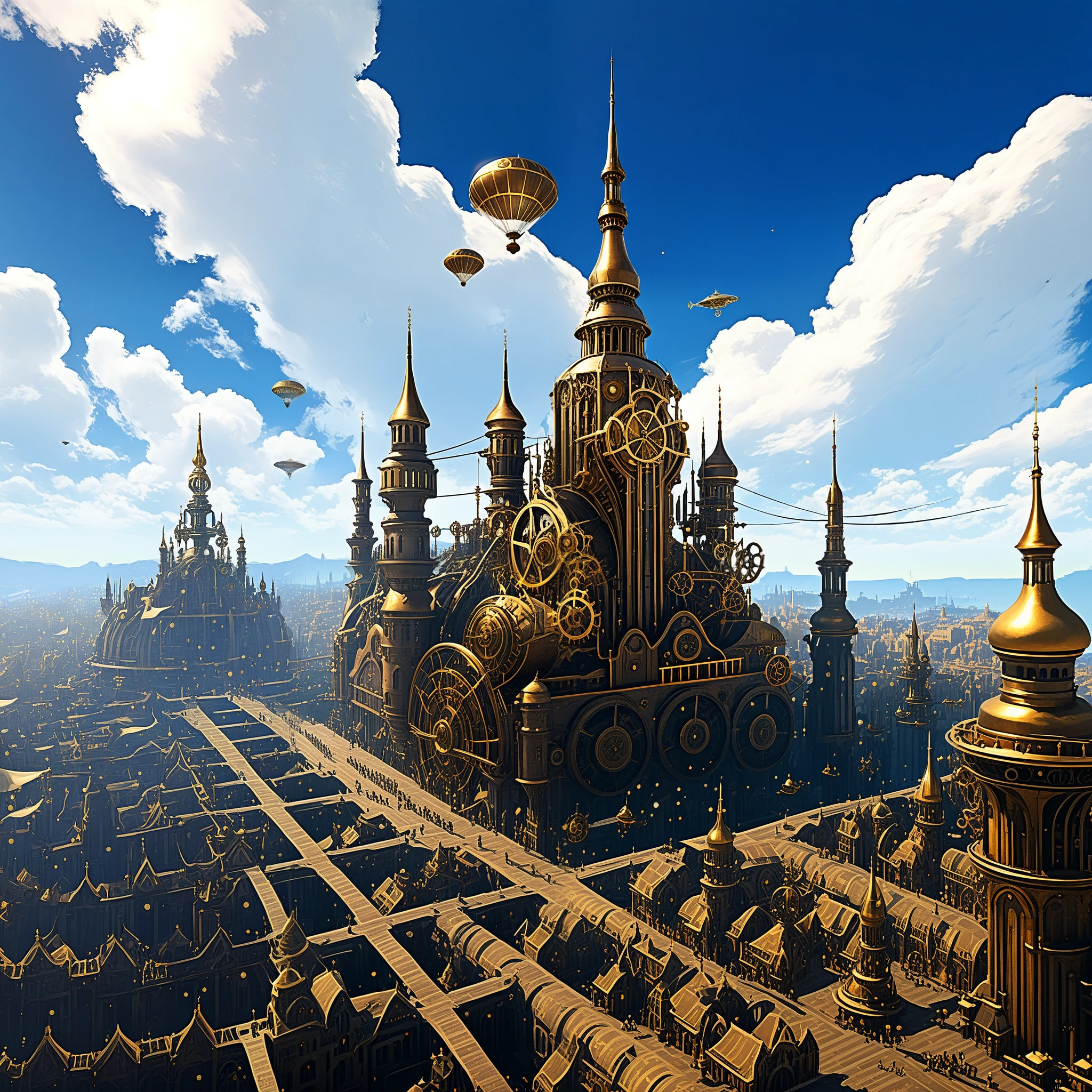 Airships dance through the skies above a cityscape adorned with towering spires of brass and gears, a fusion of steampunk and AI
