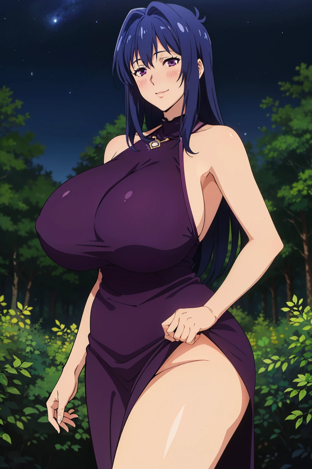 (dressed in clothes made of plants : 1), night forest background, starry night, Nijou Aki, 27 yo, mature women, anime cels style, best quality, high resolution, (gigantic breasts:1.3), cowboy shot, blush, smiling, (purple eyes), blue hair