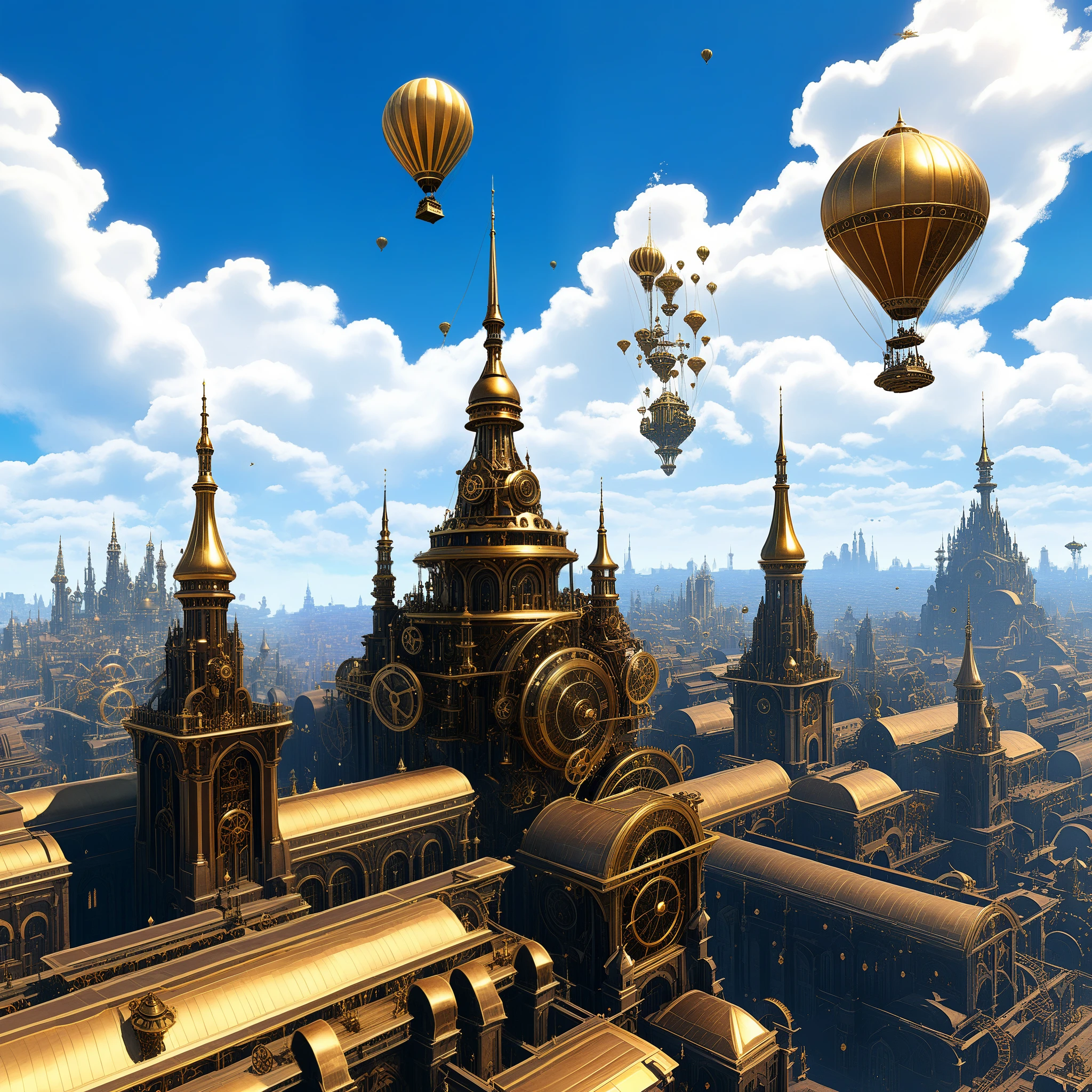 Airships dance through the skies above a cityscape adorned with towering spires of brass and gears, a fusion of steampunk and AI