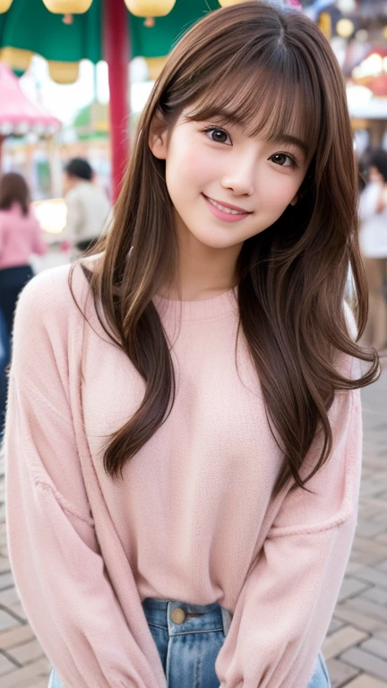 Brown Hair,Medium Hair,20-year-old female, Small nose, With the correct face, Cute natural smile, Japanese facial features, A clean and cute face, Cute realistic portrait, Asian Face, 8K Photo, Soft Makeup,Natural skin texture,Raw photo,highest quality,Full Body Shot,Pink clothes,amusement park