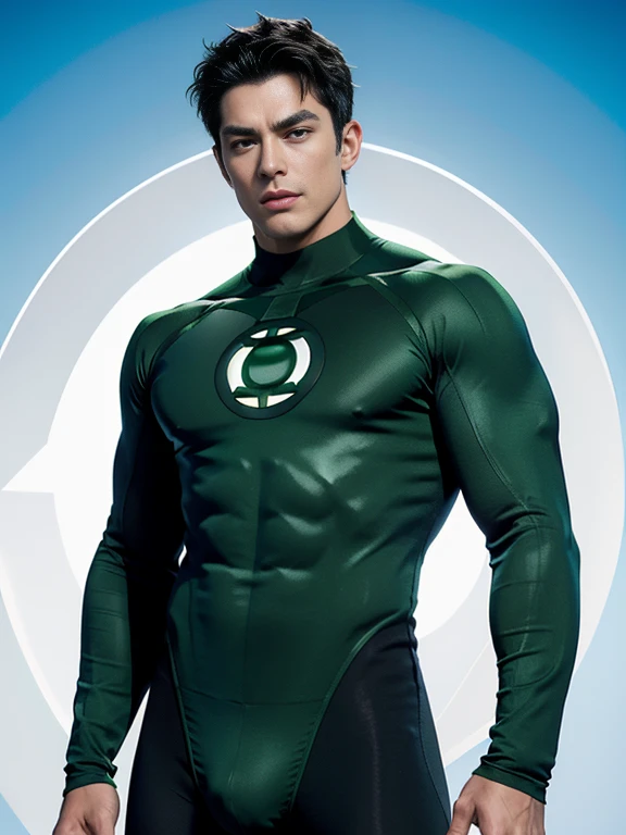 A hansome man in style,(in English: Green Lantern) is a DC Comics superhero. Created by Martin Nodell and Bill Finger, the original Green Lantern was recast as a new superhero with the same name in the 1960s, the original character became known by the name his parents called Alan Scott and for a time adopted the identity from Sentinela (Brazil). The current Green Lantern, founding member of the Justice League of America. This time, he helped cement the new Green Lantern as a popular hero, with a more cosmic theme. lined lips, sexy green hot bodysuit, covered navel, muscular, tight skin, All green sexy uniform, muscular man, green fucking hot bodysuit, yellow bodysuit, Looking at the Viewer, (realism: 1.5), (Realisitc: 1.4), (Absurdity: 1.4), 8k, ultra-detailed, Detailed handsome man, (Only one:1.4), (Viewer facing:1.2),( full length shot(fls)) , thighs , hips , sexy. Nsfw , eroticism , bare thighs