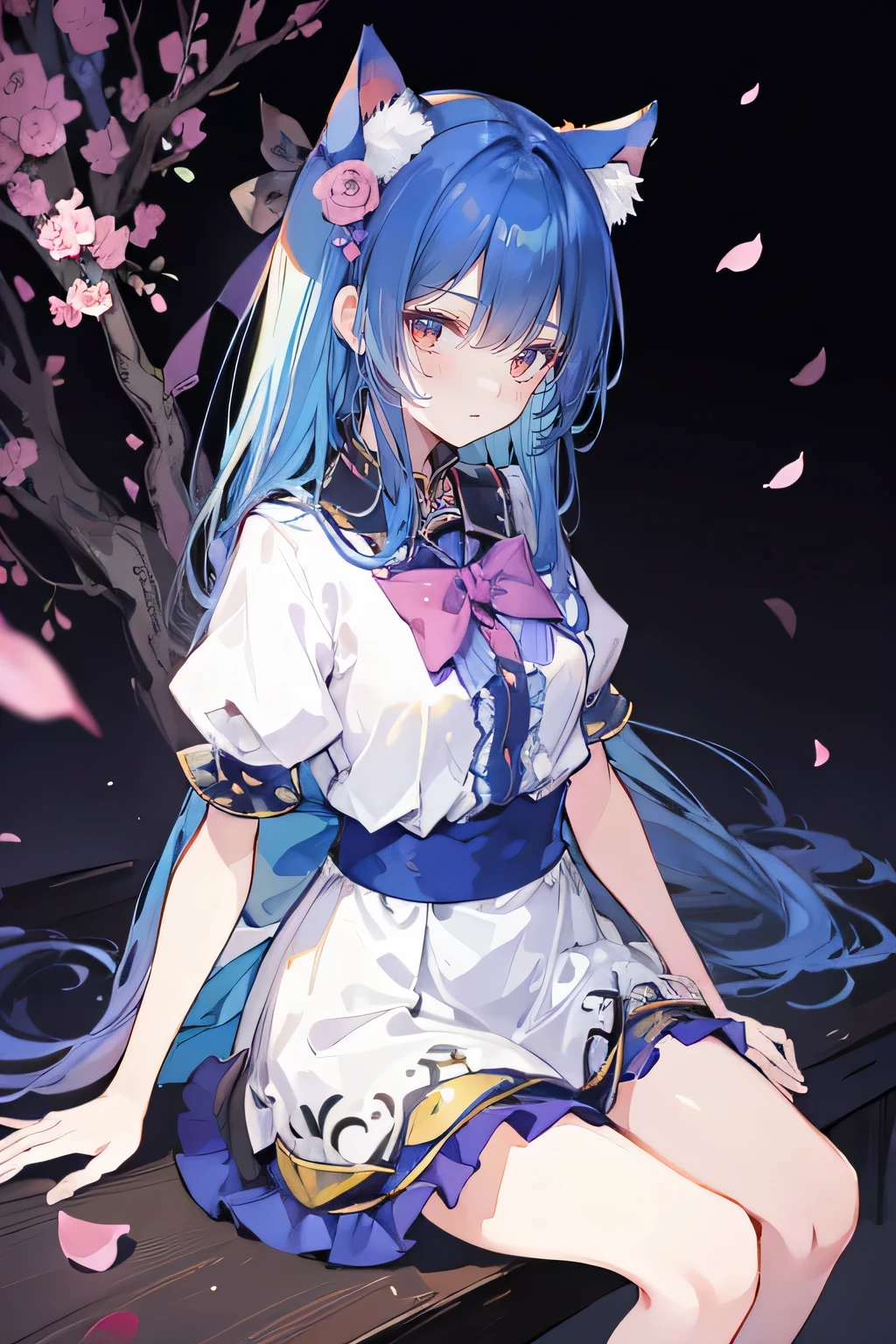 (masterpiece:1.2),ultra-detailed,realistic,expressive eyes,fair-skinned,perfectly shaped face,1girl,
Japanese cartoons,Gorgeous blue hair, flowing blue hair,floating clothes,cat ears,petals falling,beautiful Lola,Hina Angel,
hands on waist,gracefully sitting on the ground,legs crossed,gentle and serene background,cool and comfortable pavilion,night ,smile.