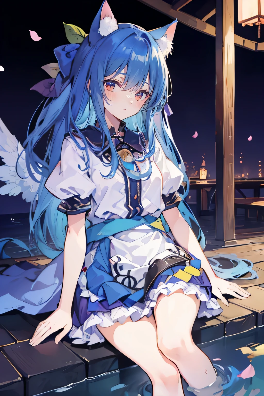 (masterpiece:1.2),ultra-detailed,realistic,expressive eyes,fair-skinned,perfectly shaped face,1girl,
Japanese cartoons,Gorgeous blue hair, flowing blue hair,floating clothes,cat ears,petals falling,beautiful Lola,Hina Angel,
hands on waist,gracefully sitting on the ground,legs crossed,gentle and serene background,cool and comfortable pavilion,night ,smile. 