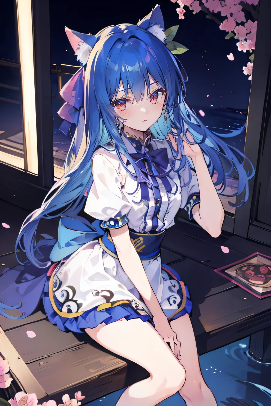 (masterpiece:1.2),ultra-detailed,realistic,expressive eyes,fair-skinned,perfectly shaped face,1girl,
Japanese cartoons,Gorgeous blue hair, flowing blue hair,floating clothes,cat ears,petals falling,beautiful Lola,Hina Angel,
hands on waist,gracefully sitting on the ground,legs crossed,gentle and serene background,cool and comfortable pavilion,night ,smile.