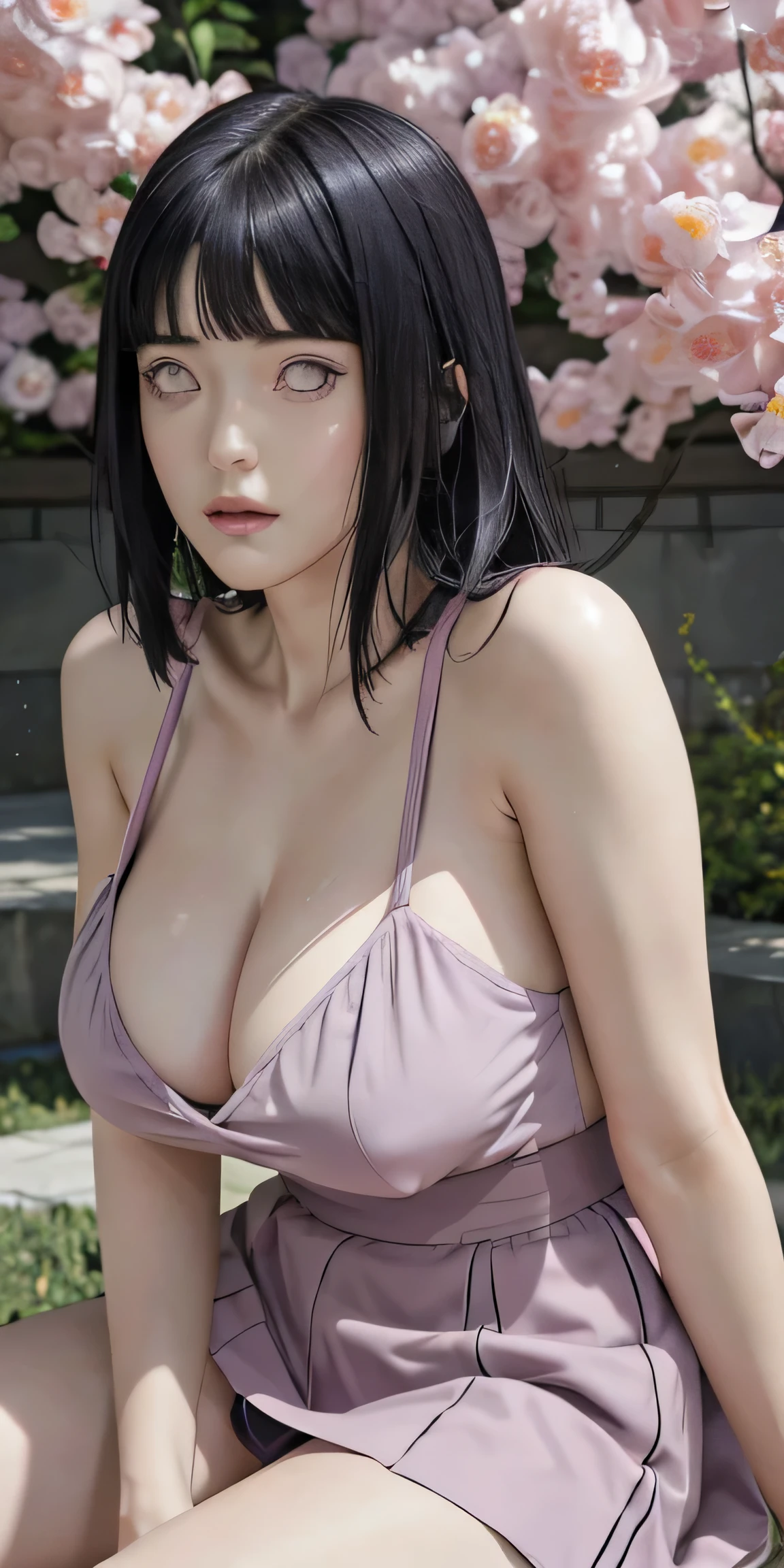 masterpiece, absurdres, hinata\(boruto\), 1girl, solo,mature female, spaghetti strap top, high waist mini skirt, looking at viewer, (falling petals), perfect composition, detailed lips, big breast, beautiful face, body propotion, blush, (pink lips), long hair, purple eyes, soft gaze, super realistic, detailed, photoshoot, realistic face and body,