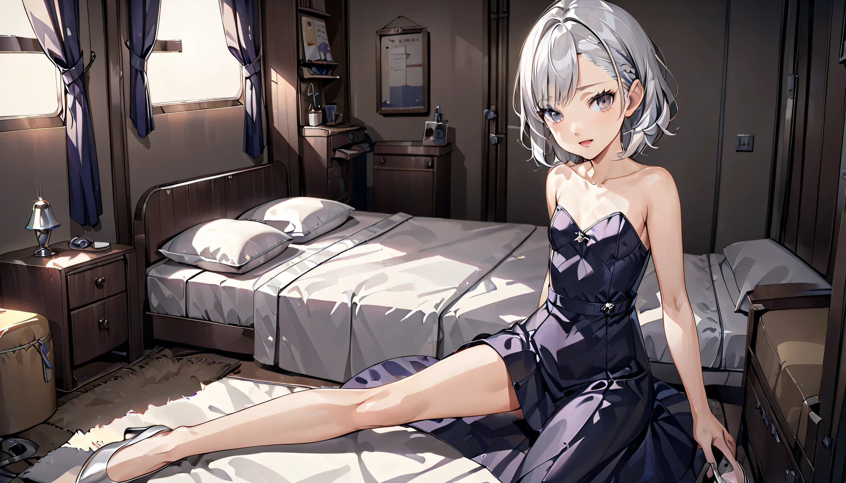 Small breasts,Silver Hair,bed,dress,pumps