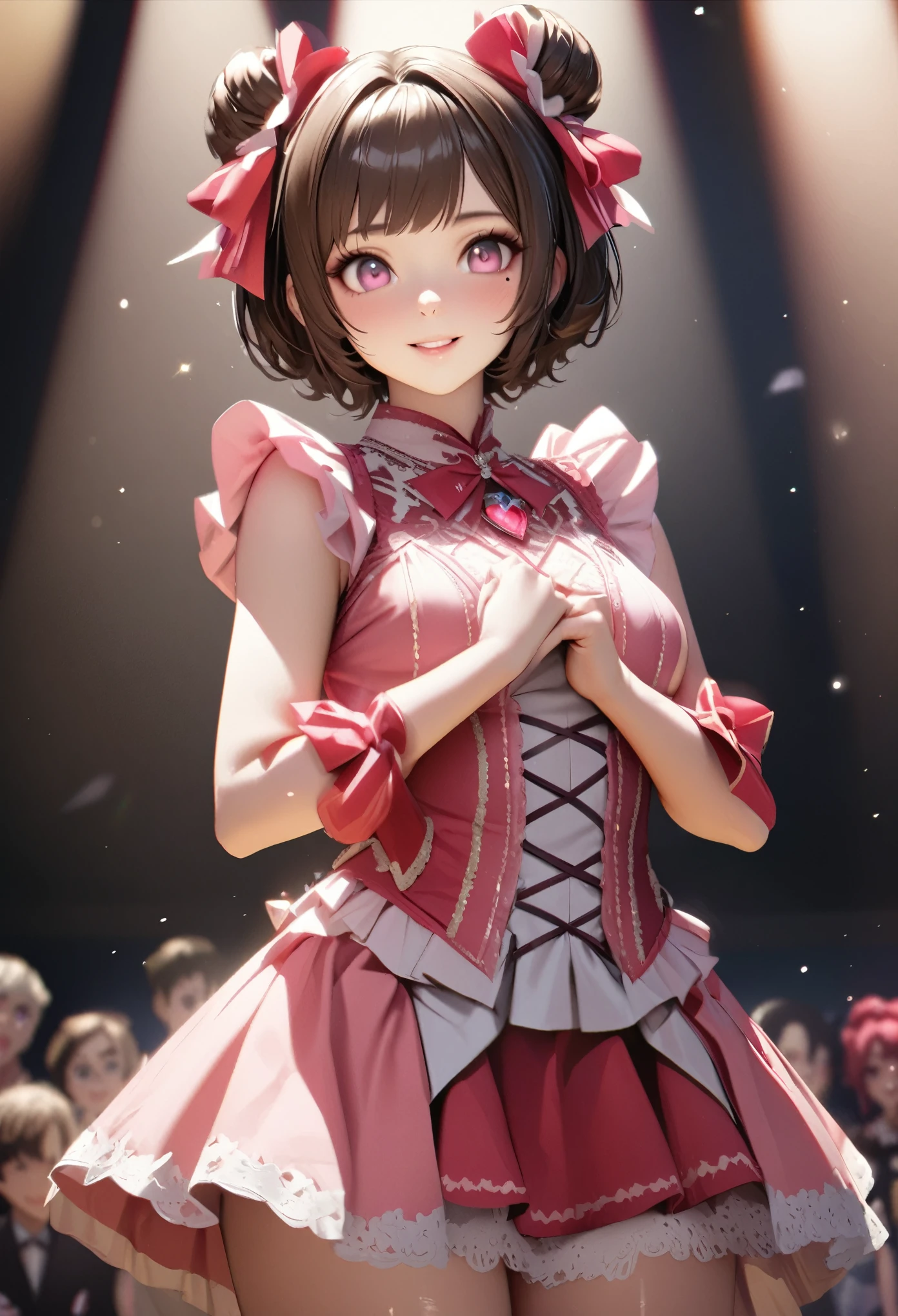 One Girl、Looking at the audience、
Beautiful pink eyes、Brown short hair,Mole under the eye、Plump and glossy lips、Heart-shaped choca、Idol、Her name is Rico,smile、ー、。.。.。.。.。.。.。.。.。.。.。.。.。.。.。.。.。.。.3D、Realistic、
Idol衣装、Short skirt,Drape clothes、gem、Floral、Lace trim,On a glittering stage、
masterpiece、highest quality、8k、Detailed skin texture、Detailed cloth texture、Beautifully detailed face、Intricate details、Very detailed、
超A high resolution、8k Ultra HD、Film Grain、Best Shadow、delicate、Gazing at the audience、front