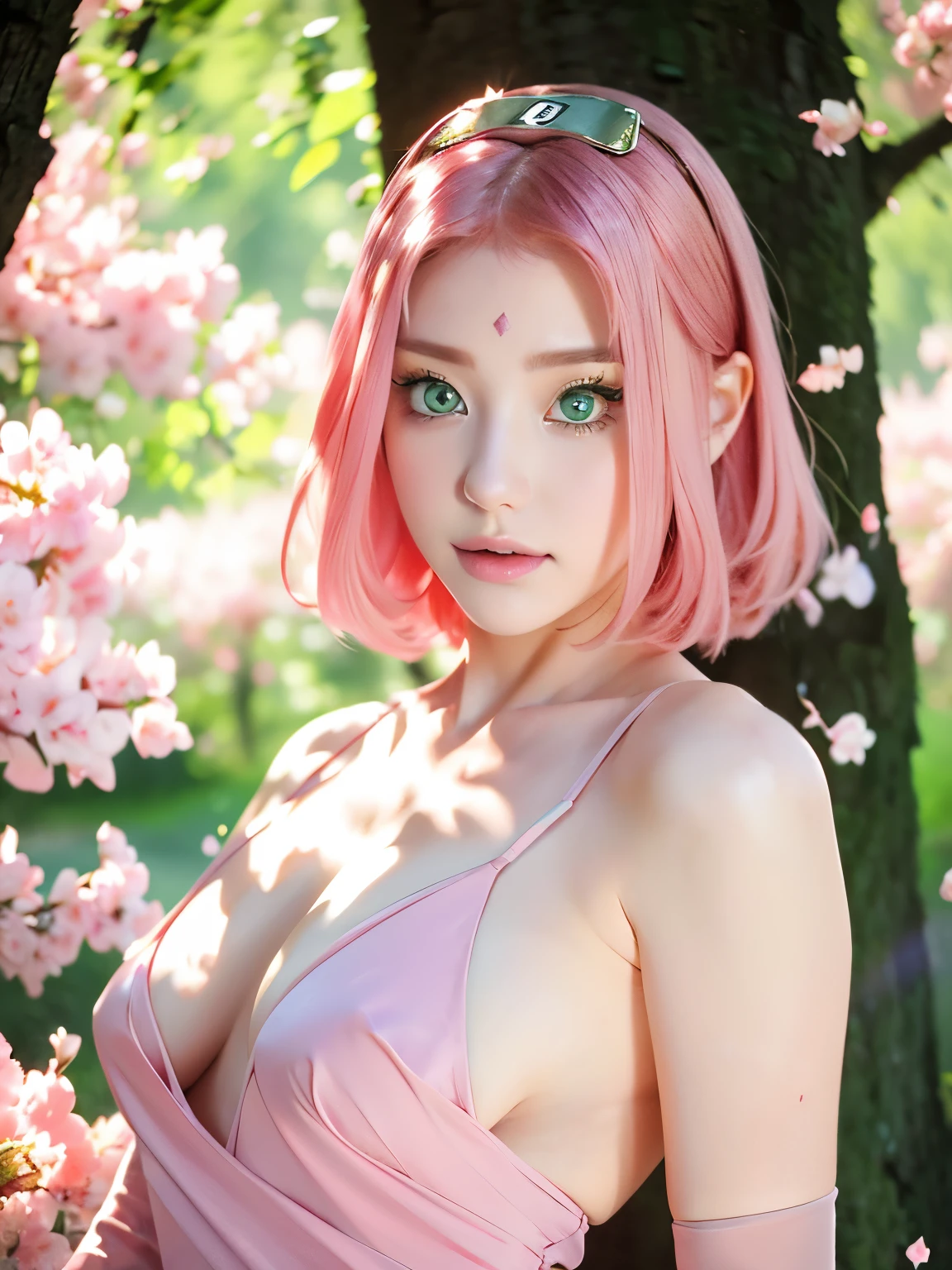 Sakura Haruno, has shoulder-length pink hair, she has emerald eyes, a sharp nose, white skin, and a soft face, (best quality, highres:1.2), 1girl, beautiful detailed eyes, beautiful detailed lips, extremely detailed eyes and face, long eyelashes, HDR, studio lighting, sharp focus, physically-based rendering, extreme detail description, portraiting breasts, perfect shape, facing viewer, sweaty, gorgeous, appearing in full frame, good-looking, Beautiful fair skin and luster, Beautiful eyes are big and bright, Small mouth and thin lips, Goodness of style and slendernes, beautiful big breast:1.5), beautiful girl illuminated by seven colors of light, Irridescent coloe, showing off her figure, seductive and confident, enchanting aura, surrounded by cherry blossom trees, delicate and vibrant petals falling all around her, soft pink and white colors, sunlight filtering through the trees, creating a warm and dreamy atmosphere