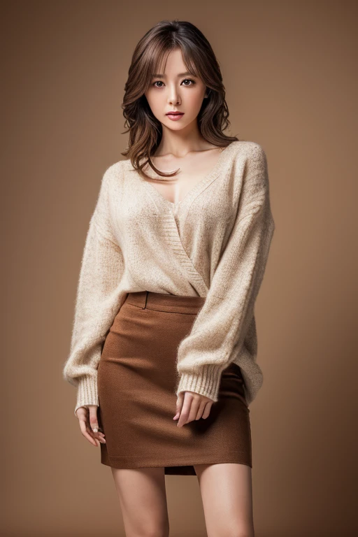 Masterpiece, top-quality, high resolution, Photorealsitic, sharp, Raw photography, 8K wallpaper, flawless, Professional lighting, highly detailed, depth of fields, Pale solid color background, ((one beautiful women, Skinny Japanese mature)), (30 years old), Sexy, Detailed face, beautidful eyes, bangs, small breasts, very thin waist, Light Brown Straight Hair, Faint lips, ((standing at front, Staring at the viewer, serious face eyes.)), Sweaters, skirt, (full-body photo), cowboy shot