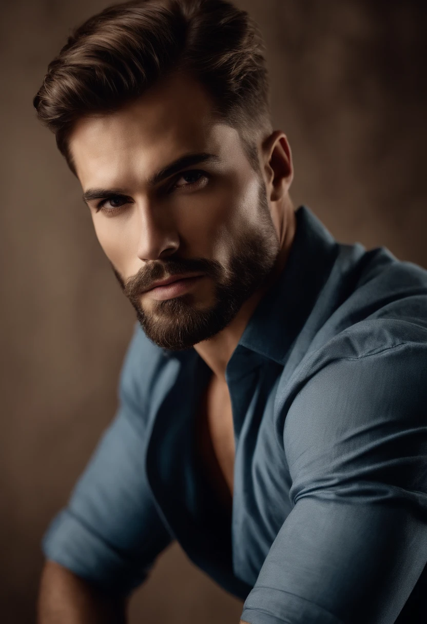 A very attractive man with thin light brown hair and beard in a denim shirt posing with a sexy attitude for a photo,, con una forma de cara larga con una frente alta, slanted brown eyes and thin, straight eyebrows with a droop, nariz recta hacia abajo, small mouth with thin lips, angular cheeks with symmetrical cheekbones that give a masculine and strong appearance, hombre delgado con piel bronceada clara, chiseled jaw, hombre atractivo, male jaw, modelo masculino, rasgos masculinos, hombre guapo, sharp jaw, cara y cuerpo atractivos, ¡male jaw!, pecho y cara, sin camisa, hermoso rostro masculino, well defined jaw, cuerpo perfectamente sombreado