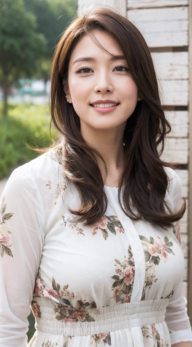 8k, highest quality, masterpiece, Realistic, Super detailed, photograph, High resolution, RAWphotograph, High resolution, Absurd, Cinematic Light, Official Art, High resolution, Depth of written boundary,
Plump body, cute顔, smile, Beautiful details in the eyes, 29-year-old,Japanese, cute, Brown messy hair,dress, Beach, (Wind:1.8), Floral print,