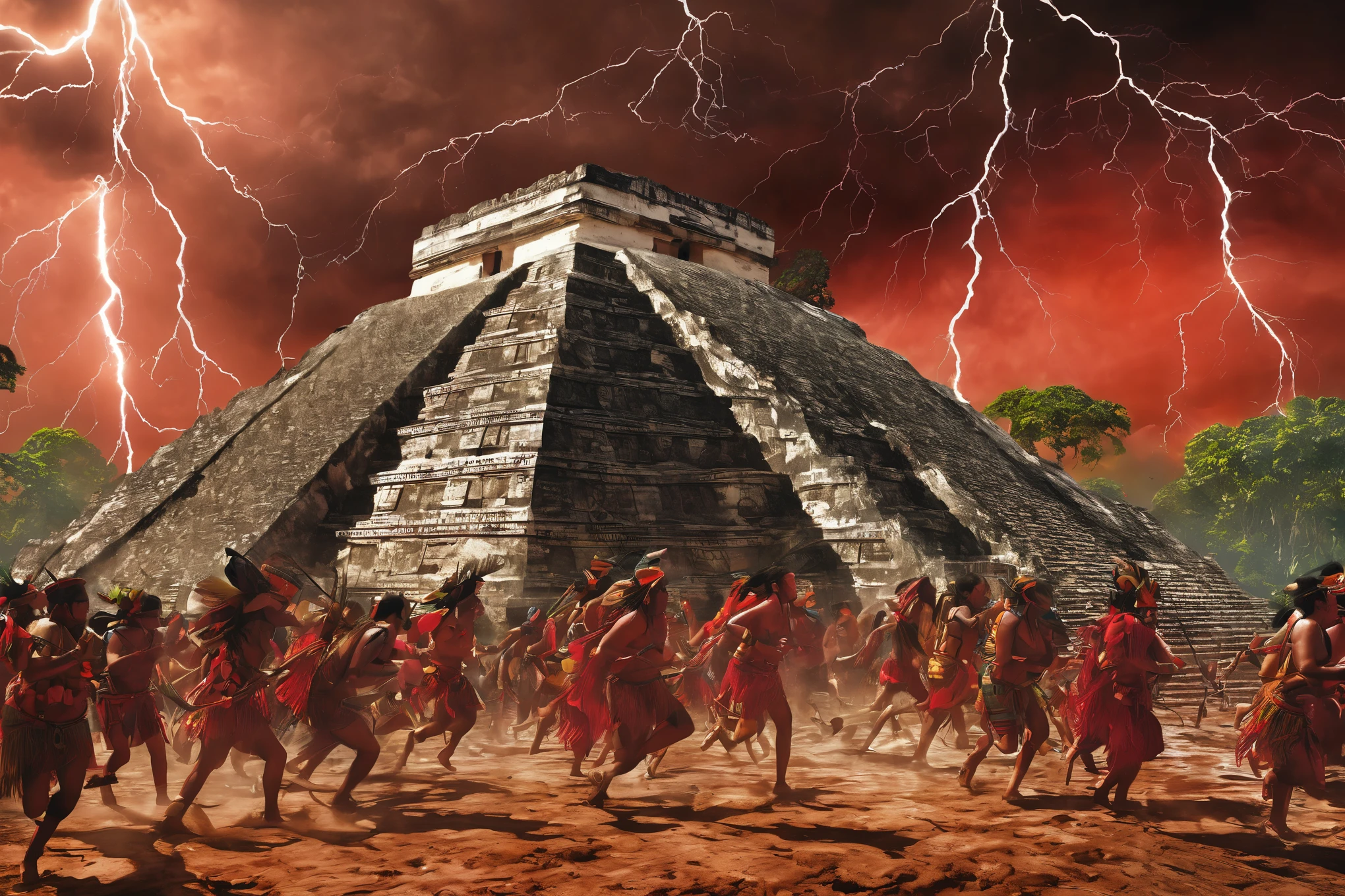 Maya civilization, apocalipse event, highly detailed maya people, maya people running, maya people falling down, maya people dying, maya people dying running, scared, magic, mystical, ritualistic, severed head, human sacrifice, storm, lightning, rain, demon, apocalypse, maya people, chaos, red sky, astroid, cinematic lighting, Ultra-Wide Angle, panorama, UHD, masterpiece, super detail, award winning, best quality, 16K, realistic, ultra photorealism, digital print