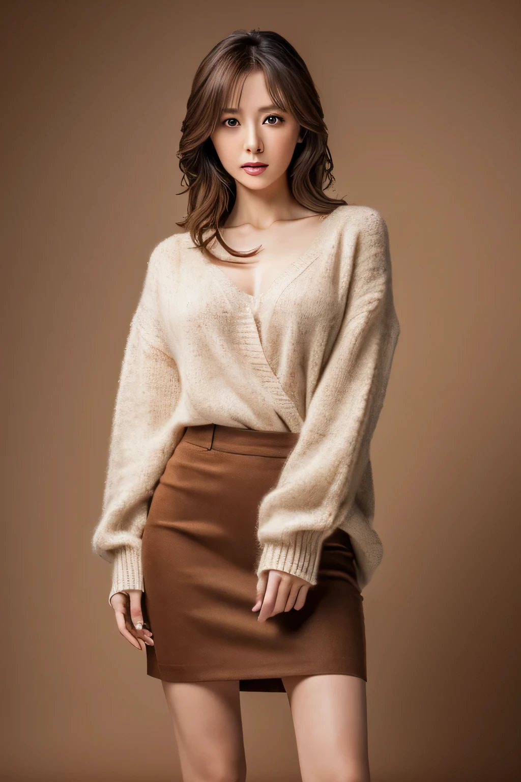 Masterpiece, top-quality, high resolution, Photorealsitic, sharp, Raw photography, 8K wallpaper, flawless, Professional lighting, highly detailed, depth of fields, Pale solid color background, ((one beautiful women, Skinny Japanese mature)), (30 years old), Sexy, Detailed face, beautidful eyes, bangs, small breasts, very thin waist, Light Brown Straight Hair, Faint lips, ((standing at front, Staring at the viewer, serious face eyes.)), Sweaters, skirt, (full-body photo), cowboy shot