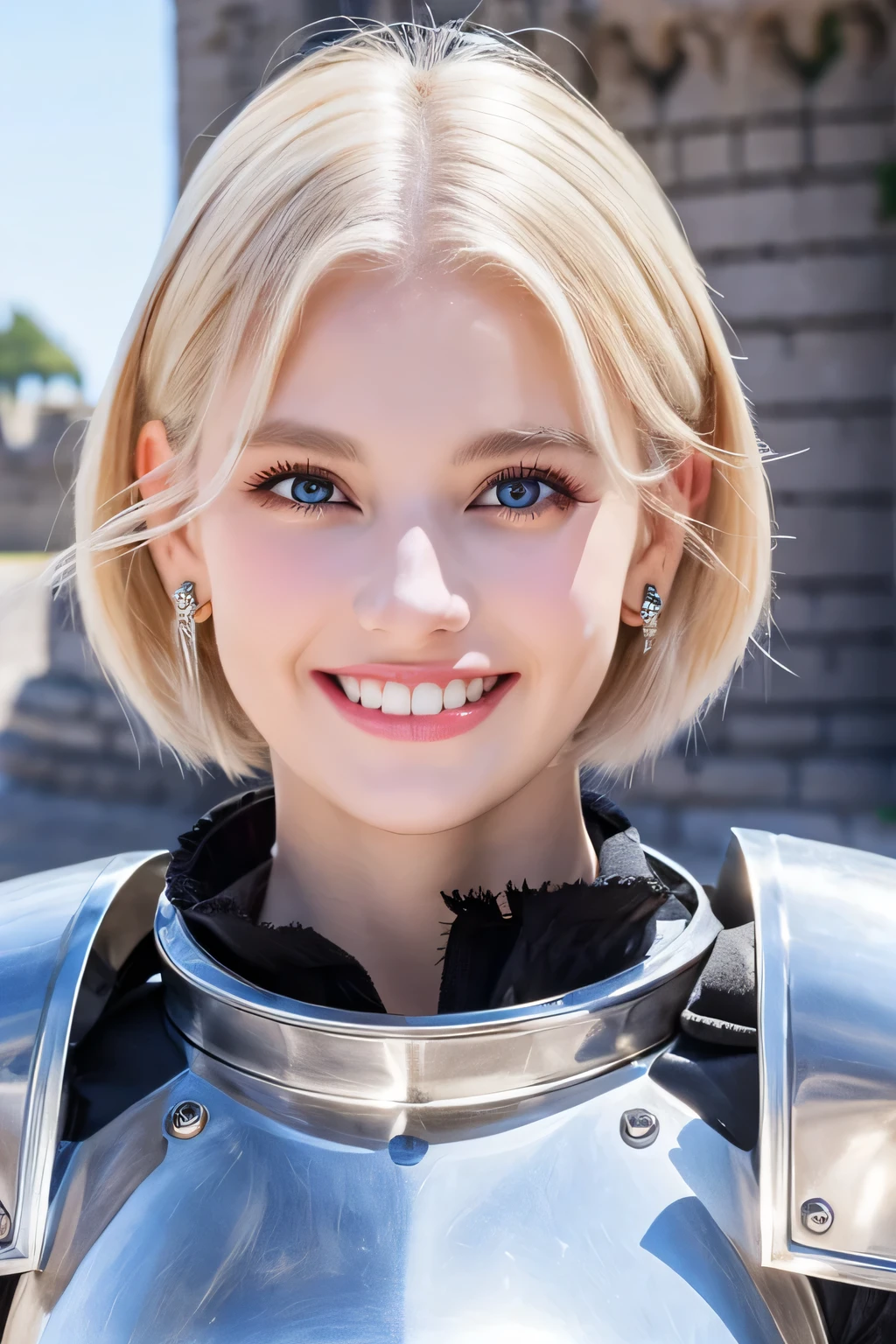 ８Ｋ、highest quality、female knight、Luxurious Silver Armor、、hairstyle short cut、smile、beautiful teeth、full body photo、ear piercing、blonde、white woman、blue eyes、heavy makeup、The background is inside the castle

