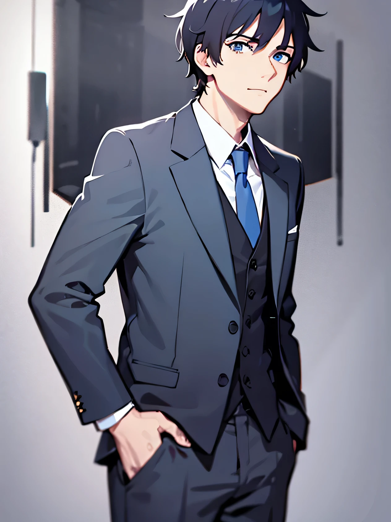 masterpiece、highest quality、(A 29-year-old man:1.5) and (Black short hair) and (blue eyes), (Wearing a suit:1.5) and (White collared shirt) and (Blue tie)、(Angry:1.5)and(scowl)and(Are standing)、Alone