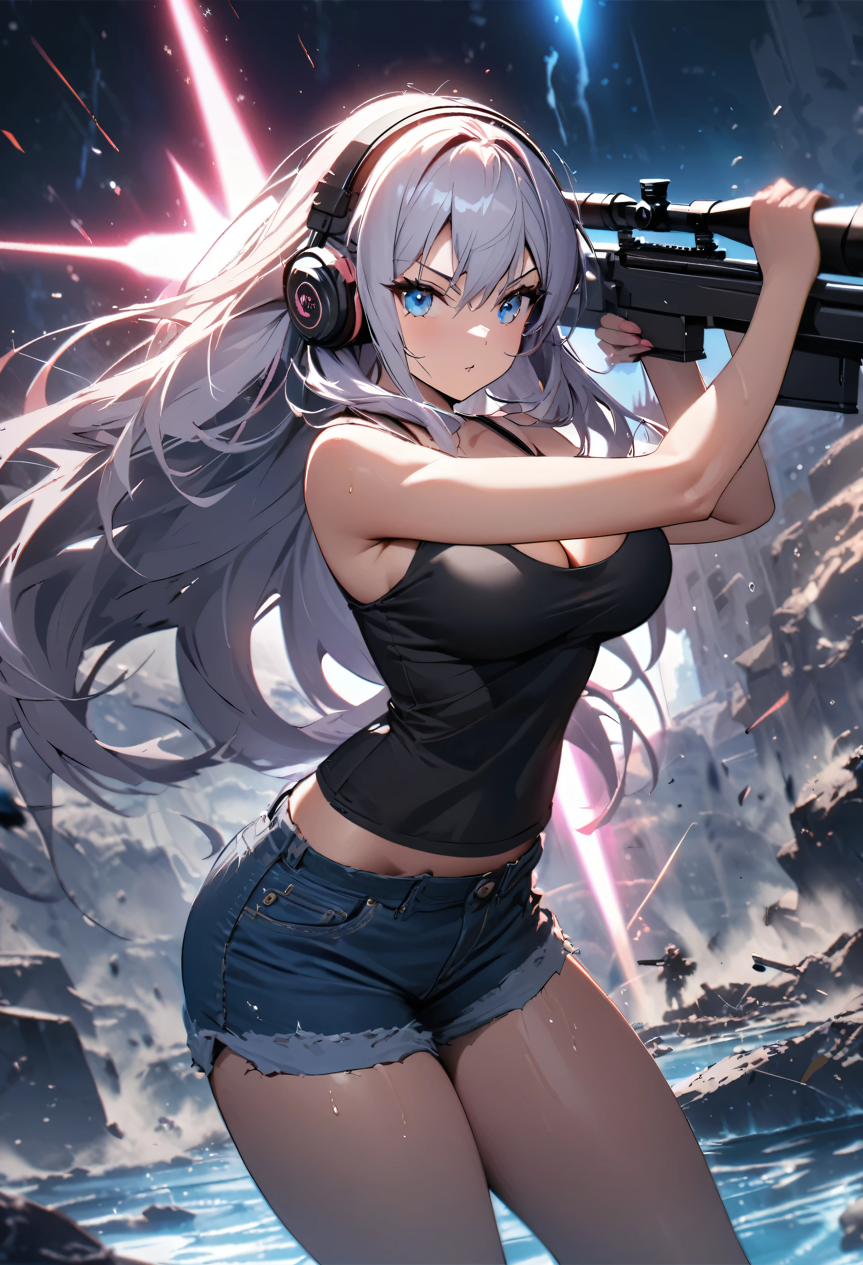 Top quality, best image quality, masterpiece, girl and ((black tank top, short denim shorts, 18 years old, teenager, cute, best bust, big bust, beautiful sparkling blue eyes, wide chest, pink Semi-long hair, slender body, large cleavage, with sniper rifle, headphones, glowing back jet, battle pose, shooting, water splash, ), high quality, beautiful art, background ((space battlefield)) ), depth (Earth), tabletop, depth of field, cinematic style