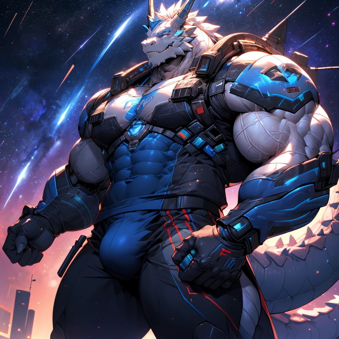 Muscular white dragon, pectoralis major, Heavyweight, Bodybuilder figure, Wearing cyberpunk mechs, Dress, Large bulge at the crotch, View of the Milky Way from a spacecraft, In the Universe, Bright smile emoticon, sparkling skin, Vibrant colors, 4K, realism, Cool lighting