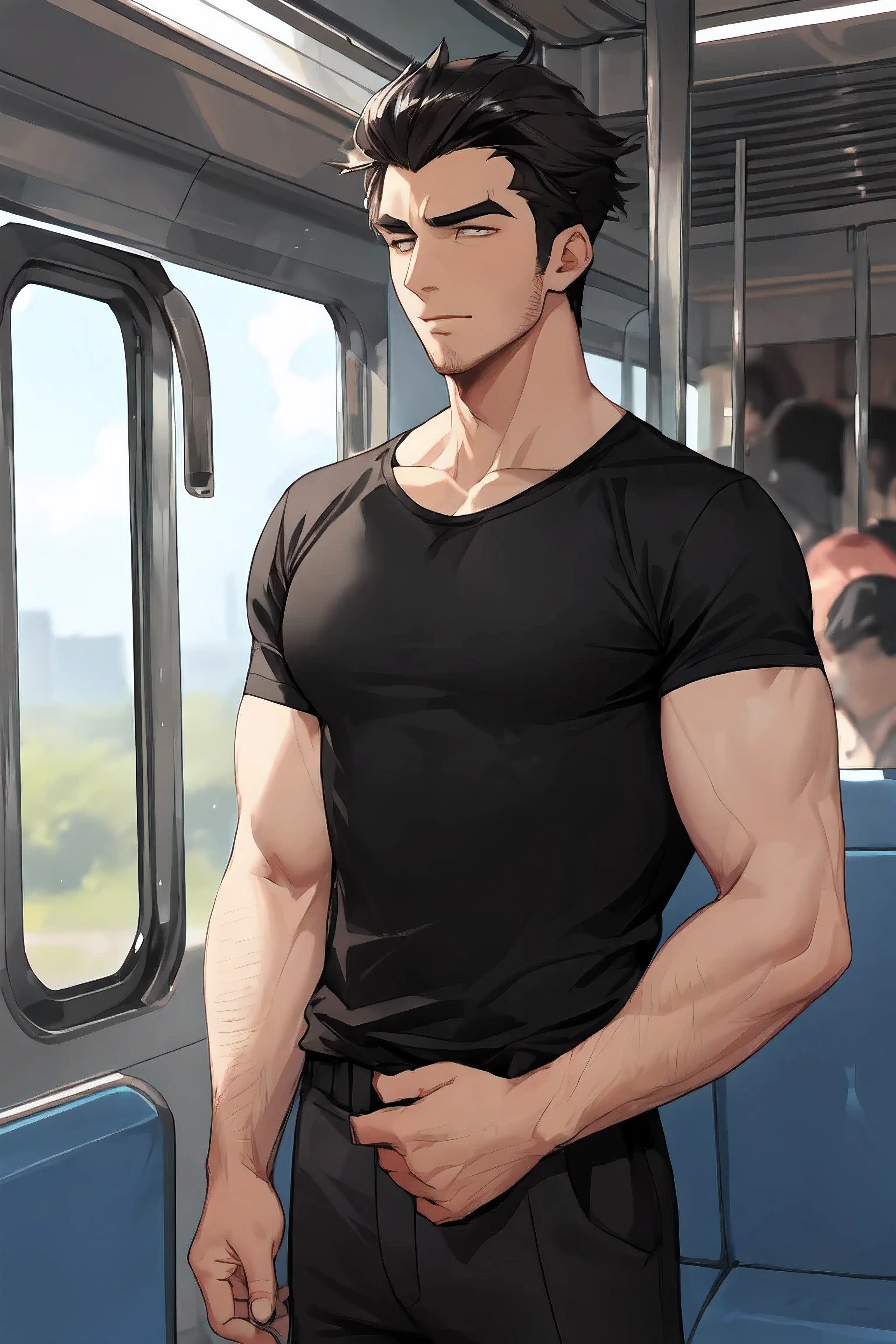 Handsome Men ,train, black blank t-shirt ,solo
