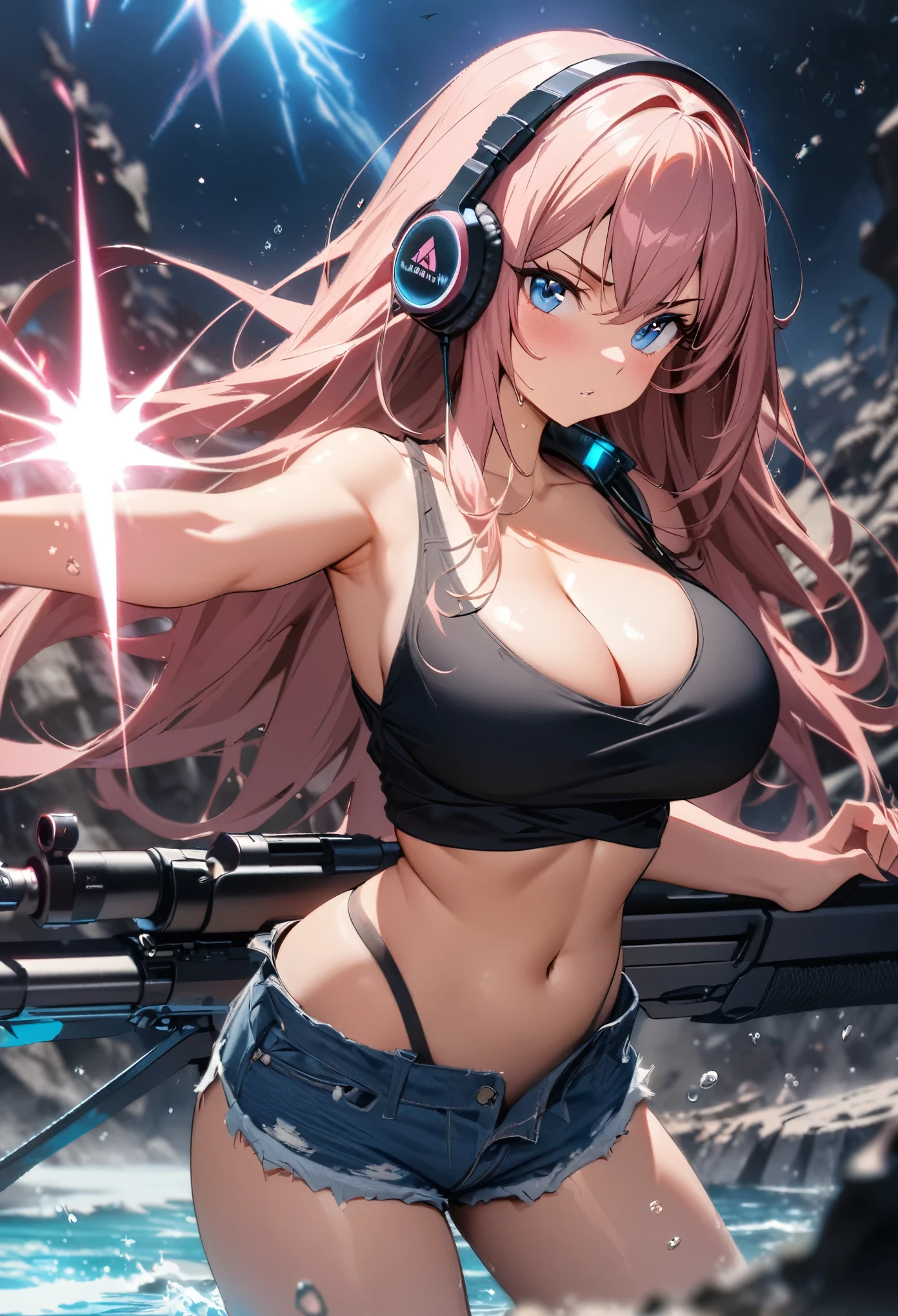 Top quality, best image quality, masterpiece, girl and ((black tank top, short denim shorts, 18 years old, ager, cute, best bust, big bust, beautiful sparkling blue eyes, wide chest, pink Semi-long hair, slender body, large cleavage, with sniper rifle, headphones, glowing back jet, battle pose, shooting, water splash, ), high quality, beautiful art, background ((space battlefield)) ), depth (Earth), tabletop, depth of field, cinematic style