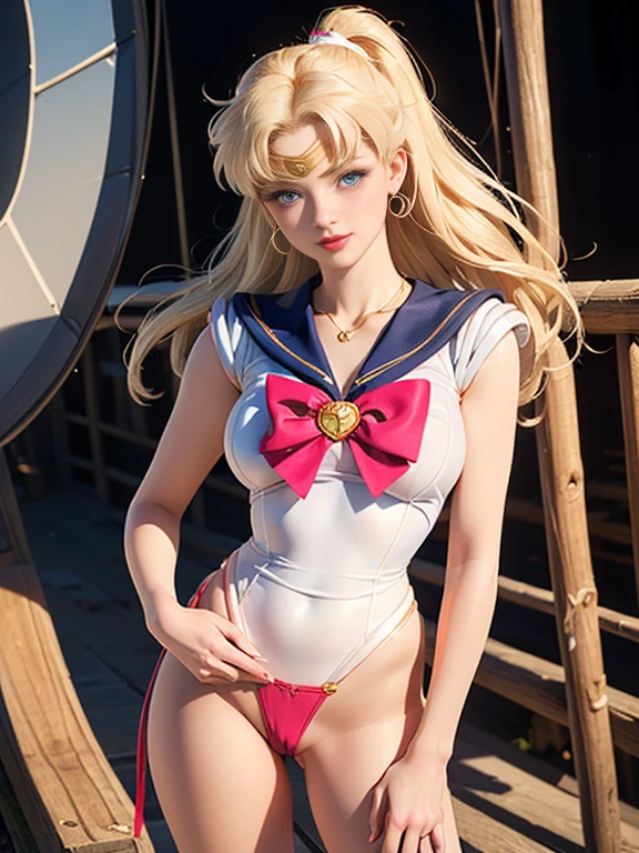 (best quality, 8k, photorealistic:1.5), (solo),(one girl:1.5),(Childish),(baby face),(pin up girl),(pinup model photos:1.3),(shiny skin),(oily skin),(blonde hair:1.3),(straight hair),(long hair:1.5),(beautiful girl),(cool beauty girl),(elegant woman),(Blush brown makeup),(dark eye makeup),(pink lipstick),(big beady eyes girl:1.3),(droopy eyes woman),(blue eyes girl:1.3),(impressive eyes),(expensive necklace), chuuChloe,(keep smiling),(looks fun:1.5),(mini thong:1.5),(healthy body),(Show off crotch:1.6),(ager girl:1.5),(sailor moon costume play:1.5),