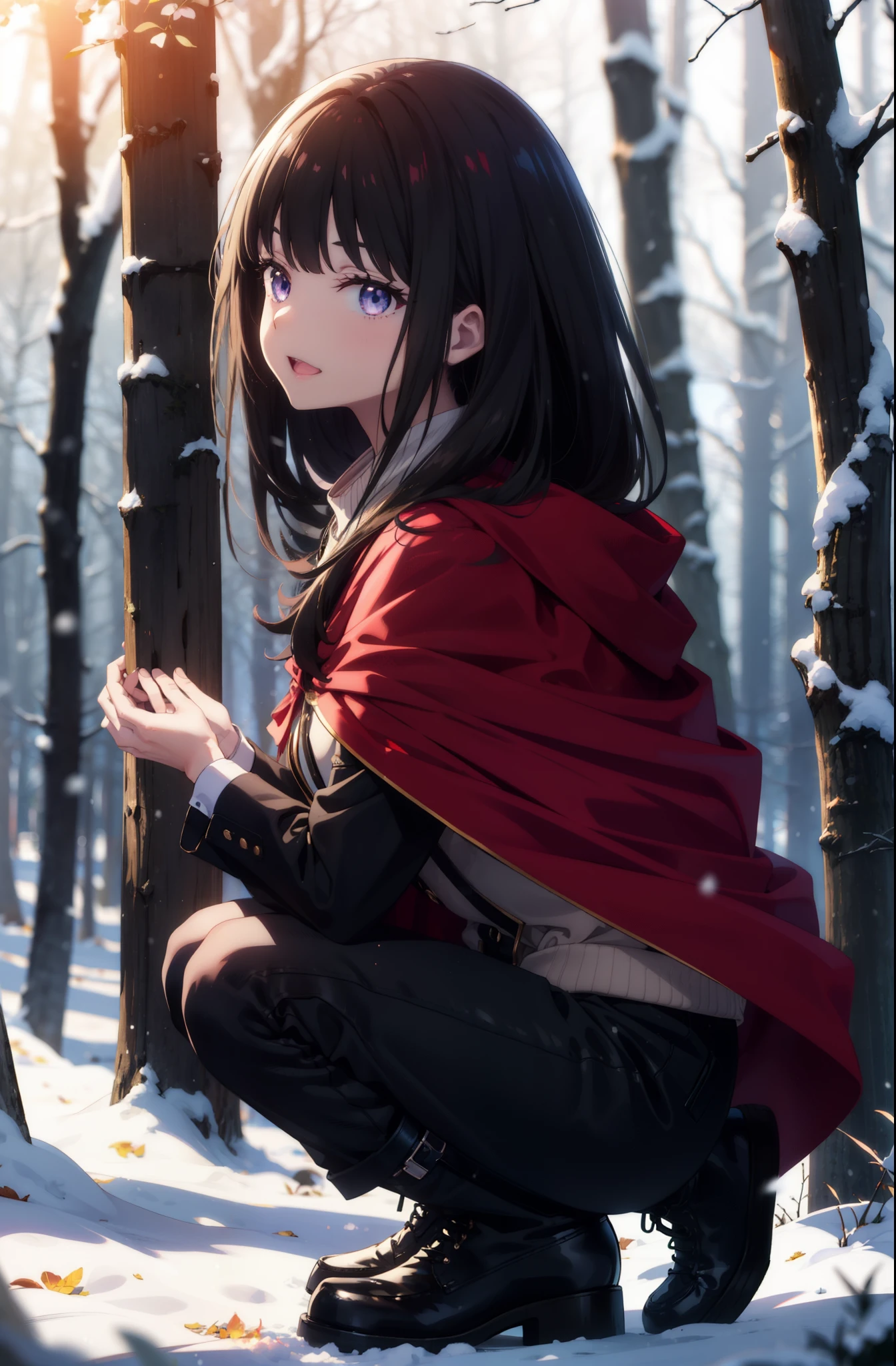 Takiuchi, Inoue Check, Long Hair, bangs, Black Hair, (Purple eyes:1.2),smile,
Open your mouth,snow,Bonfire, Outdoor, boots, snowing, From the side, wood, suitcase, Cape, Blurred, forest, nature, Squat, Cape, winter, Written boundary depth, Black shoes, red Cape break looking at viewer, Upper Body, whole body, break Outdoor, forest, nature, break (masterpiece:1.2), highest quality, High resolution, unity 8k wallpaper, (shape:0.8), (Beautiful and beautiful eyes:1.6), Highly detailed face, Perfect lighting, Highly detailed CG, (Perfect hands, Perfect Anatomy),