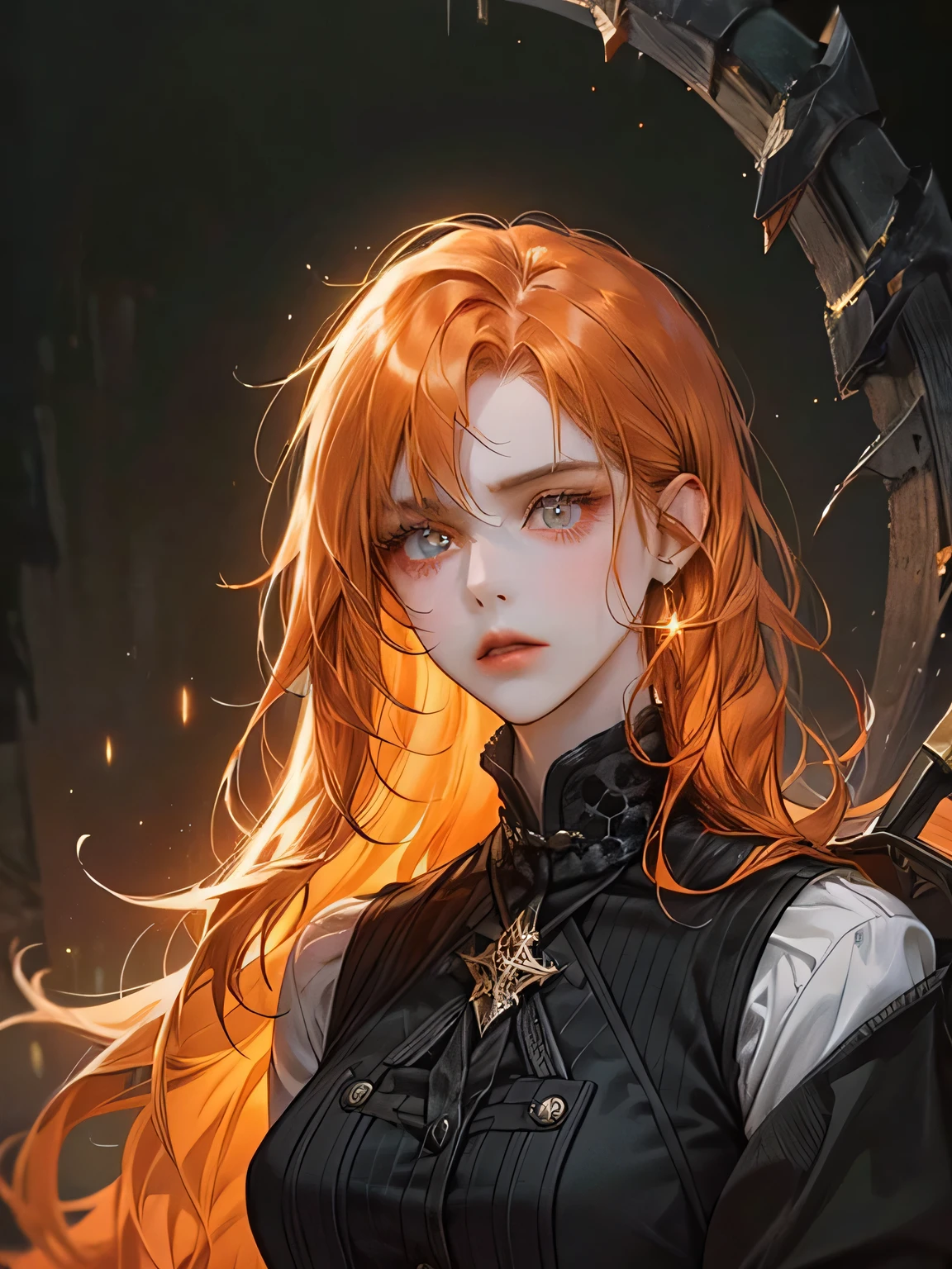 (best quality,HD:1.2), ultra-detailed, realistic:1.37, female above 40, tall, very mature, long and slightly curl orange hair, sly glowing eyes, sharp face, sharp eyes, dark black military vest, low exposure, solo, serious expression