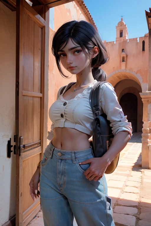 ((Obra maestra, mejor calidad)), solo ,1 chica, clementina, piel oscura,  pantalones calientes, top corto, Cabello hasta los hombros, mochila, patio de la escuela