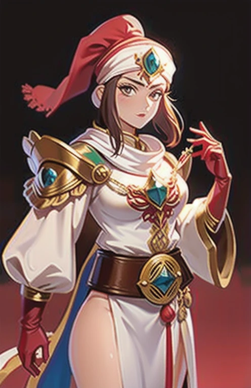 Concept art,2D anime style,Hand drawn work,Persian costume,1 girl,Female focus,Raja poetry,Single,beard,gloves,robe,belt,red gloves,internal,Blurred background,Feathers,sheath,Bandana,Acquaintance,Blur,shield,hand up,magic,White head cover,Cowboy shot,white robe,floating,large breasts,
